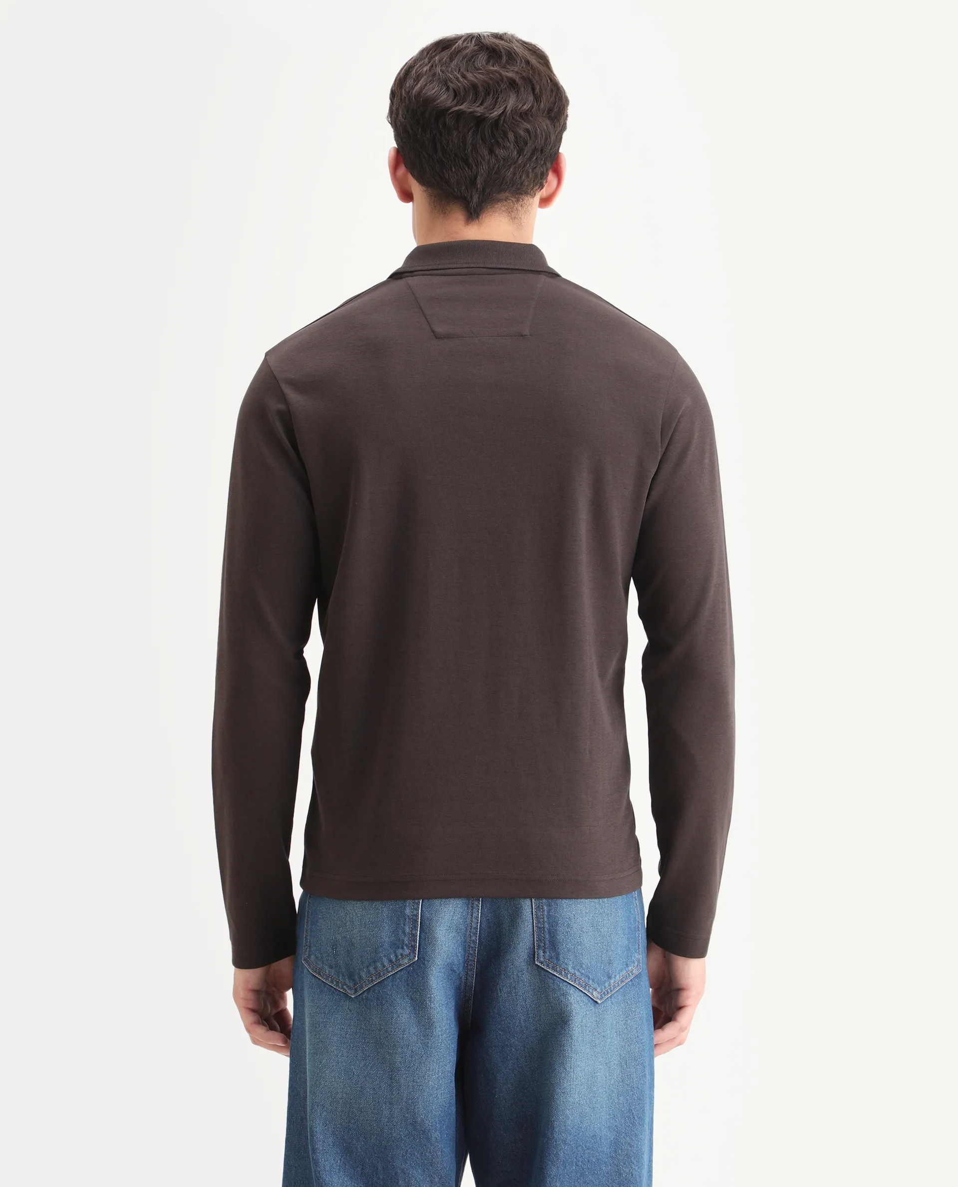 Rare Rabbit Men's Prut Dark Brown Cotton Blend Fabric Full Sleeve Spread Collar Plain Polo - Image 8