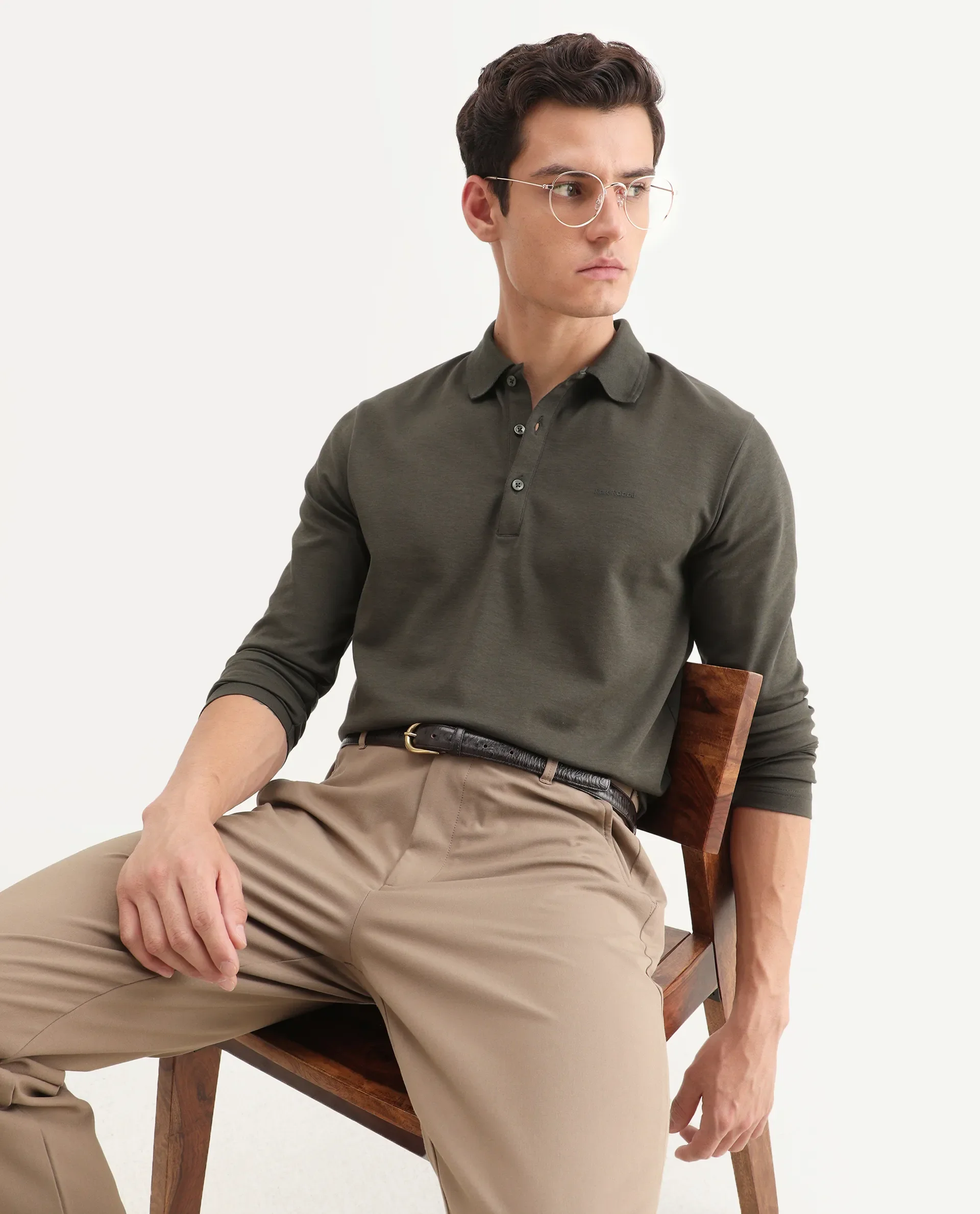 Rare Rabbit Men's Prut Dusky Olive Cotton Blend Fabric Full Sleeve Spread Collar Plain Polo