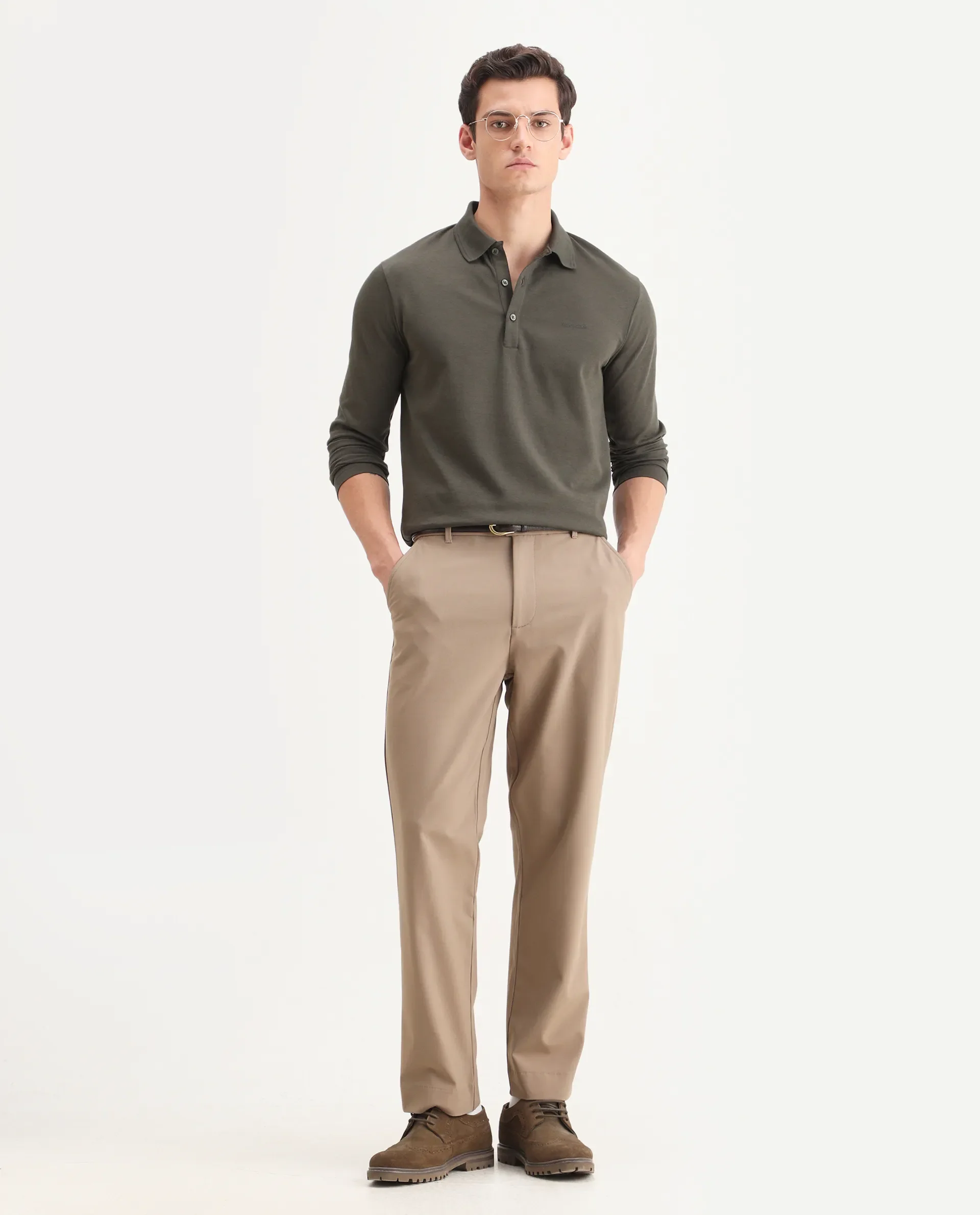 Rare Rabbit Men's Prut Dusky Olive Cotton Blend Fabric Full Sleeve Spread Collar Plain Polo - Image 2