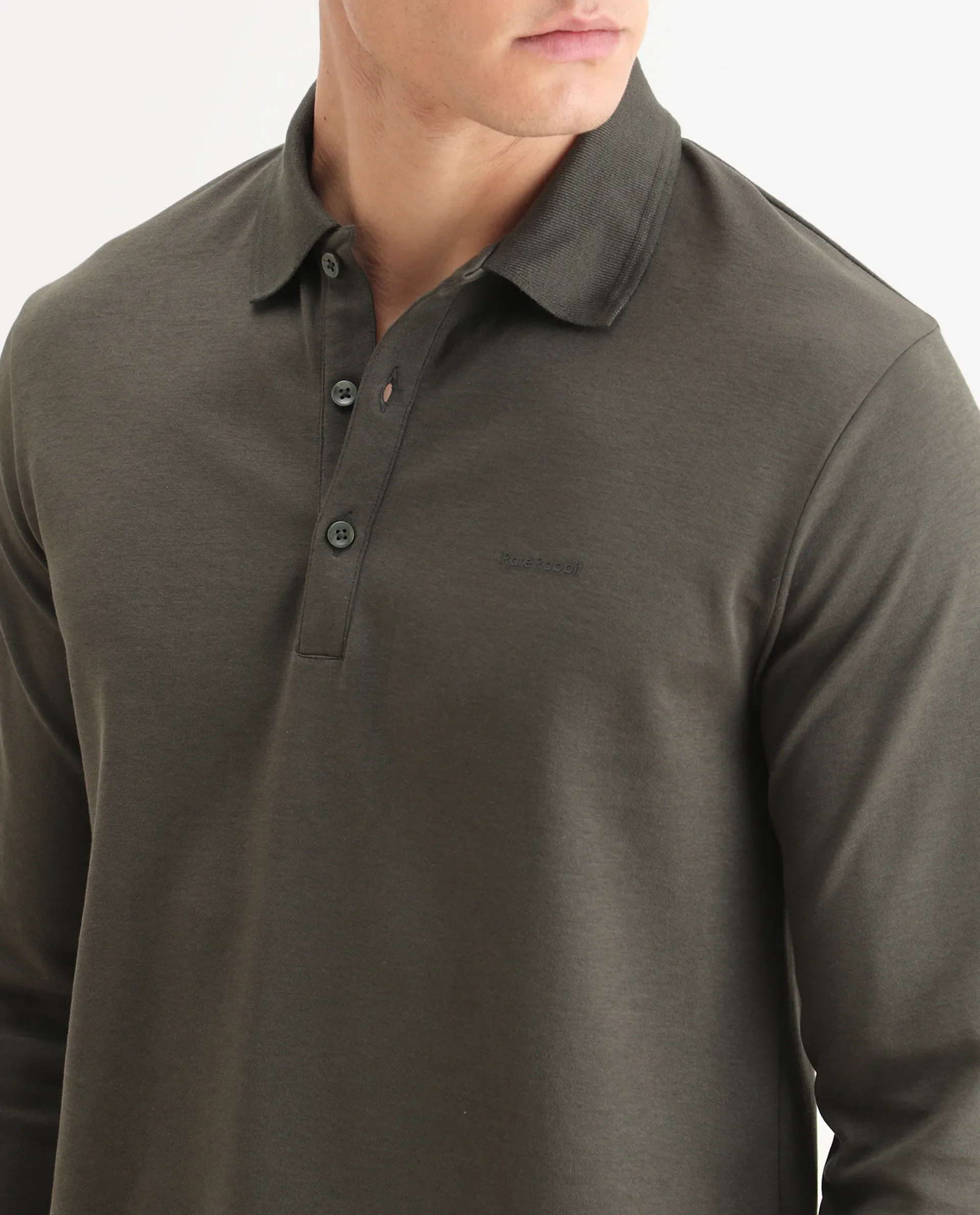 Rare Rabbit Men's Prut Dusky Olive Cotton Blend Fabric Full Sleeve Spread Collar Plain Polo - Image 3
