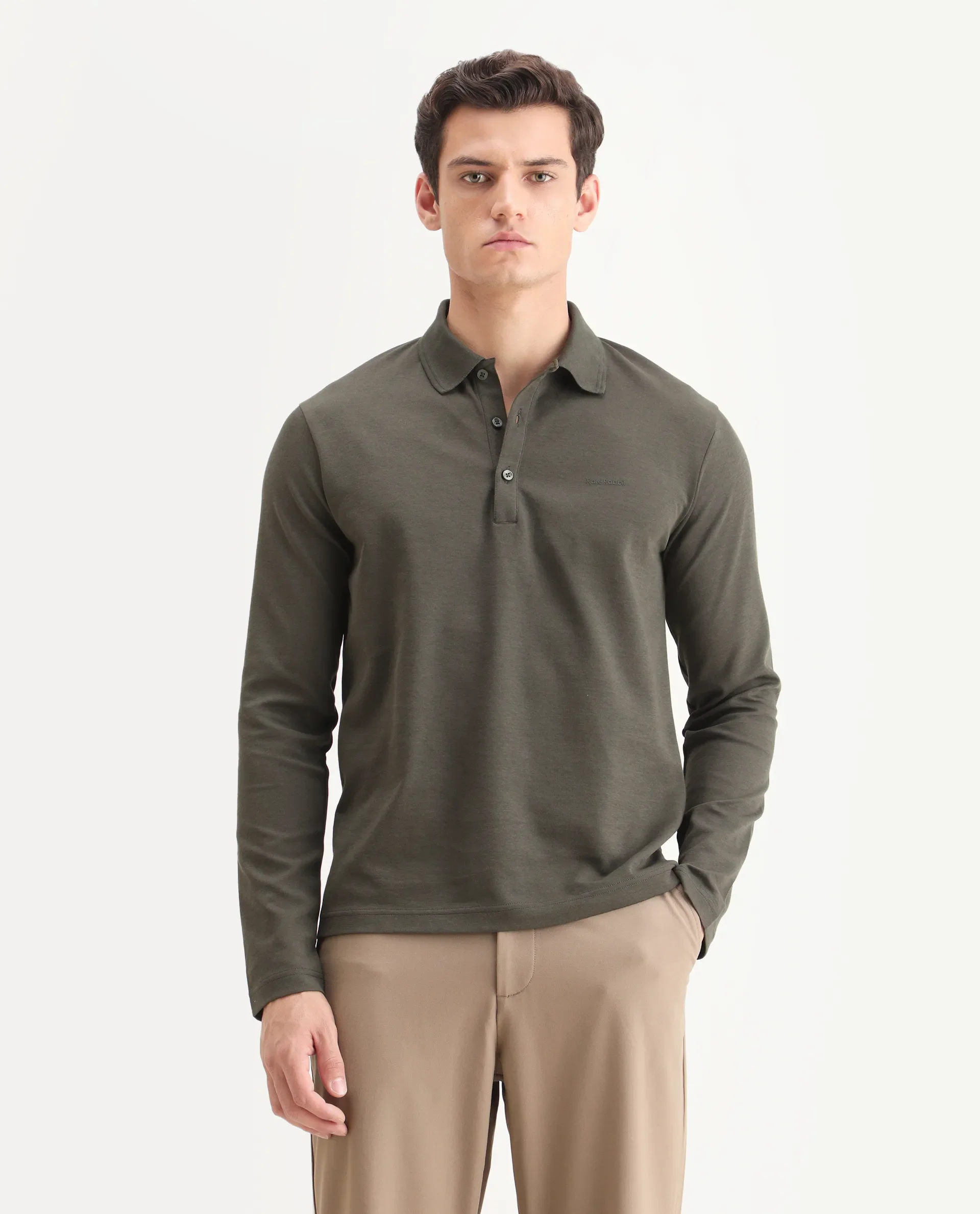 Rare Rabbit Men's Prut Dusky Olive Cotton Blend Fabric Full Sleeve Spread Collar Plain Polo - Image 4