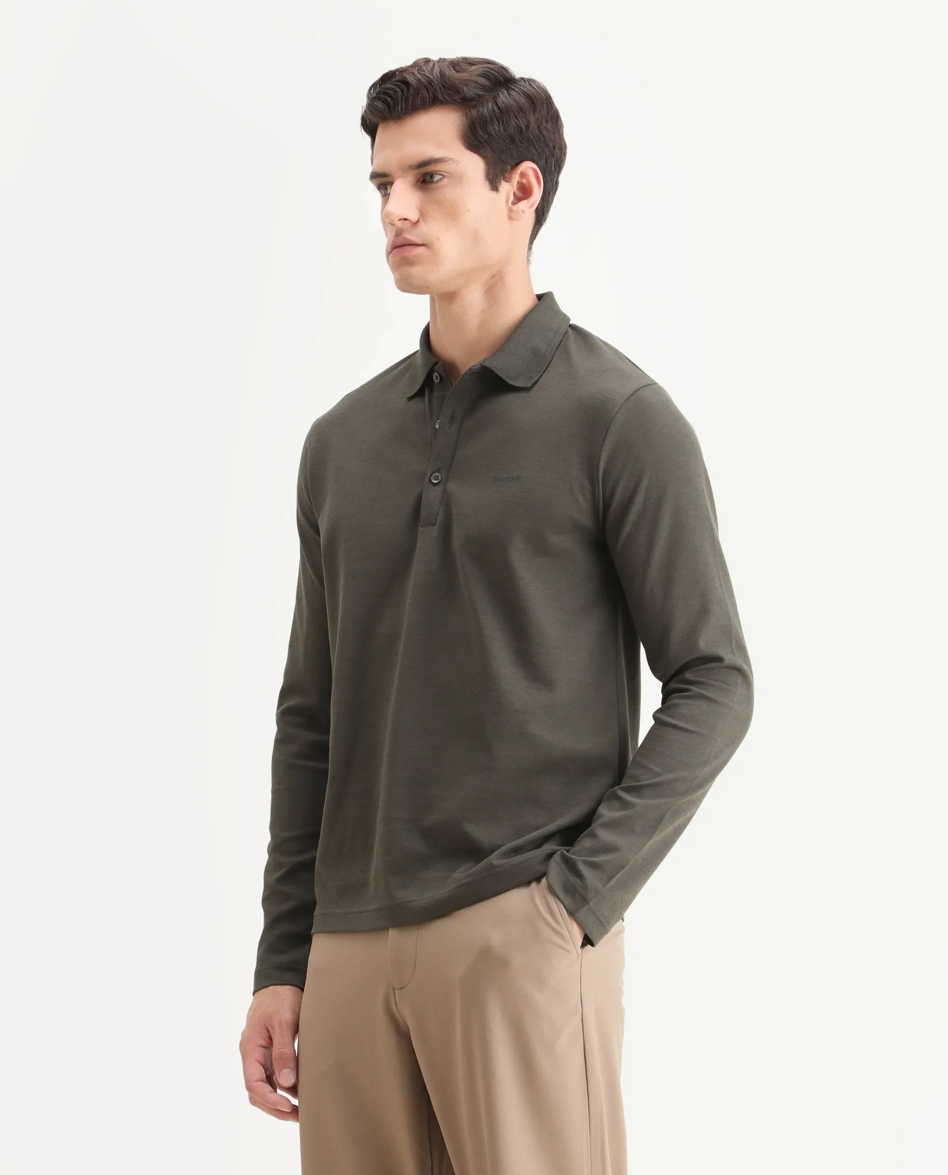 Rare Rabbit Men's Prut Dusky Olive Cotton Blend Fabric Full Sleeve Spread Collar Plain Polo - Image 5