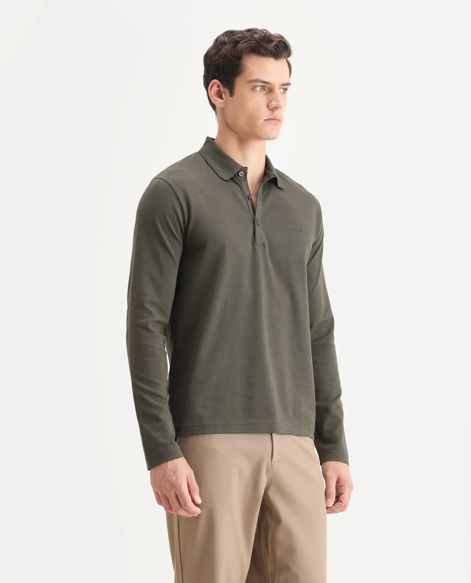 Rare Rabbit Men's Prut Dusky Olive Cotton Blend Fabric Full Sleeve Spread Collar Plain Polo - Image 6