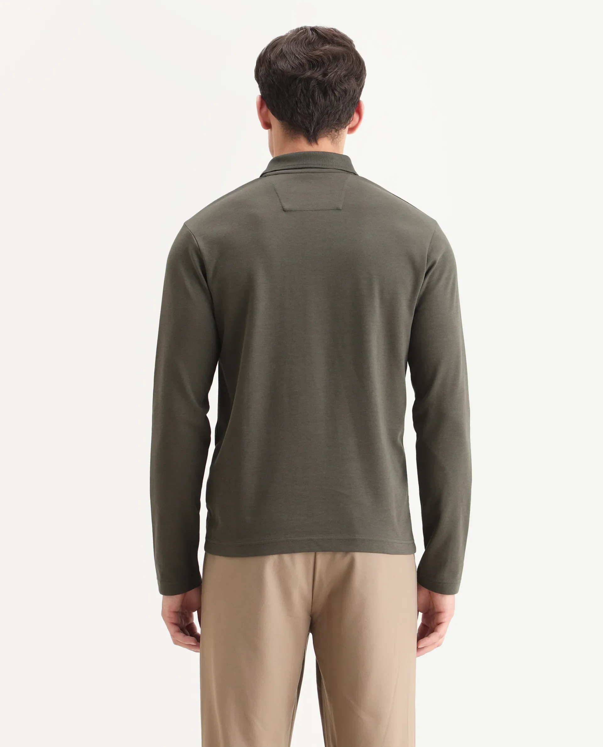 Rare Rabbit Men's Prut Dusky Olive Cotton Blend Fabric Full Sleeve Spread Collar Plain Polo - Image 7