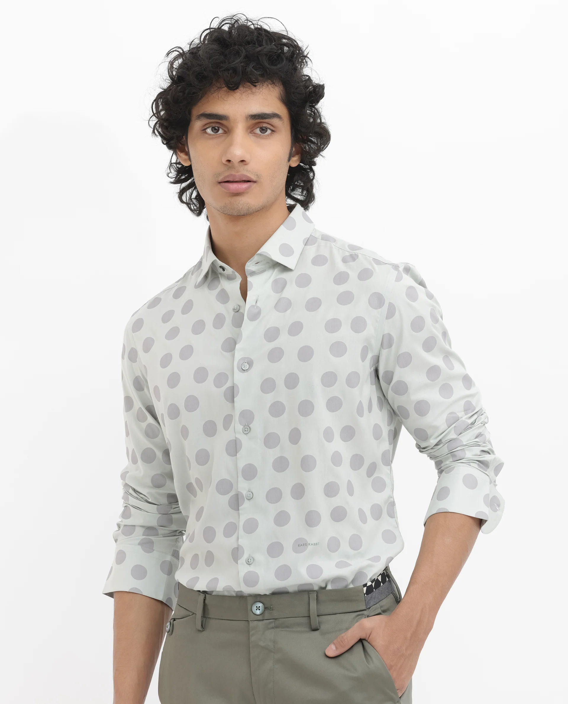 Rare Rabbit Men's Pucks Turq Viscose Polka Print Regular Fit Full Sleeve Collared Shirt - Image 3