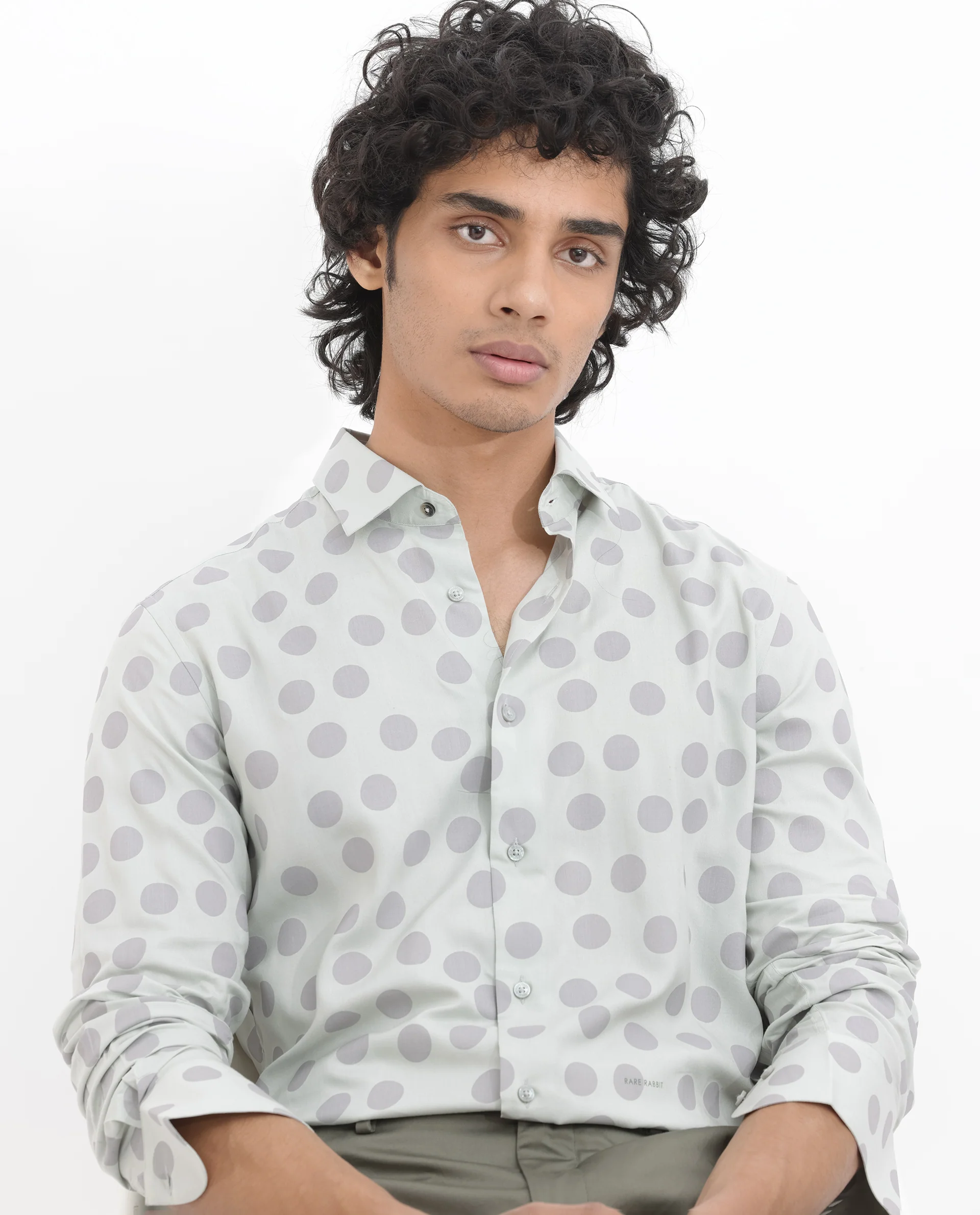 Rare Rabbit Men's Pucks Turq Viscose Polka Print Regular Fit Full Sleeve Collared Shirt - Image 5