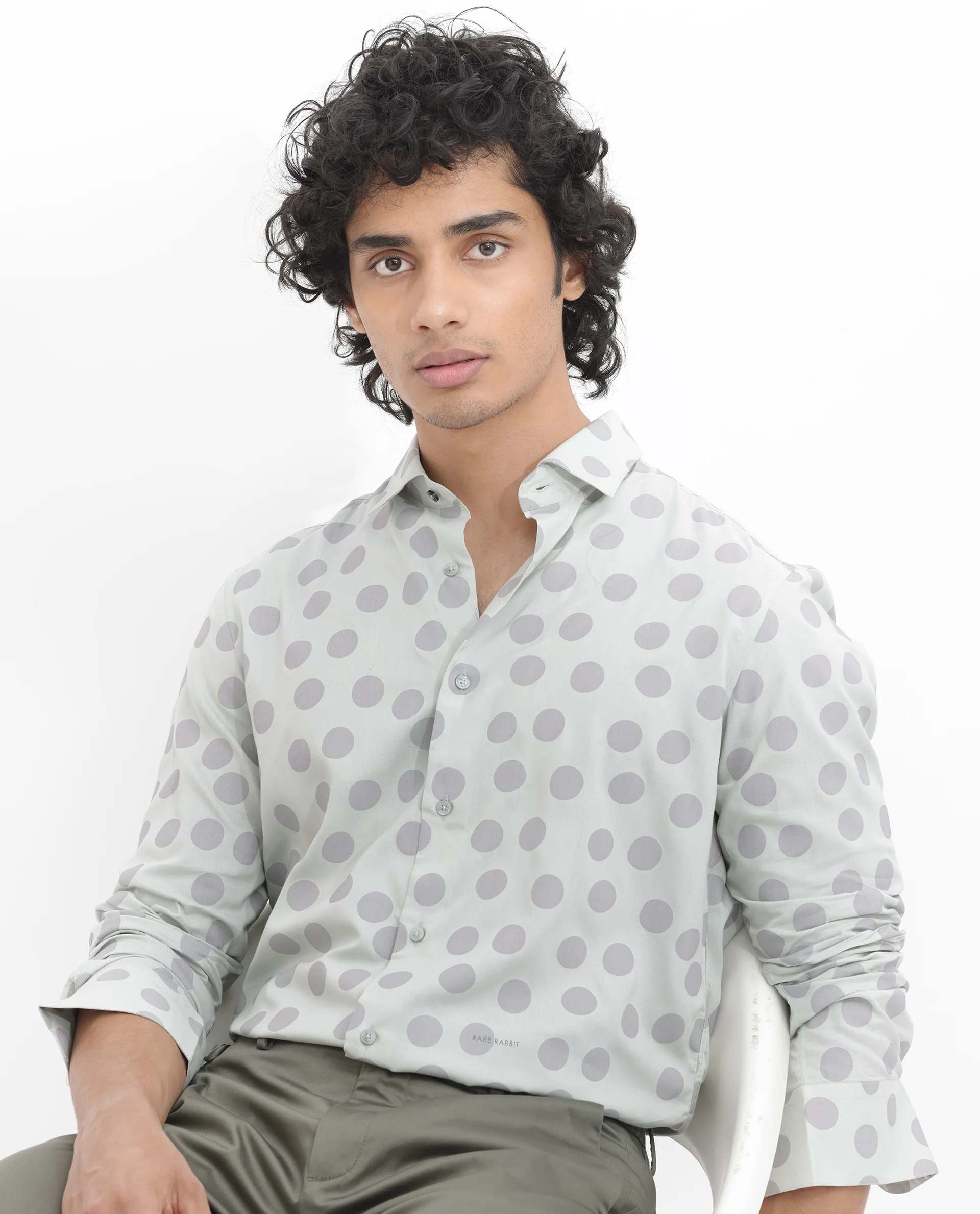 Rare Rabbit Men's Pucks Turq Viscose Polka Print Regular Fit Full Sleeve Collared Shirt - Image 7