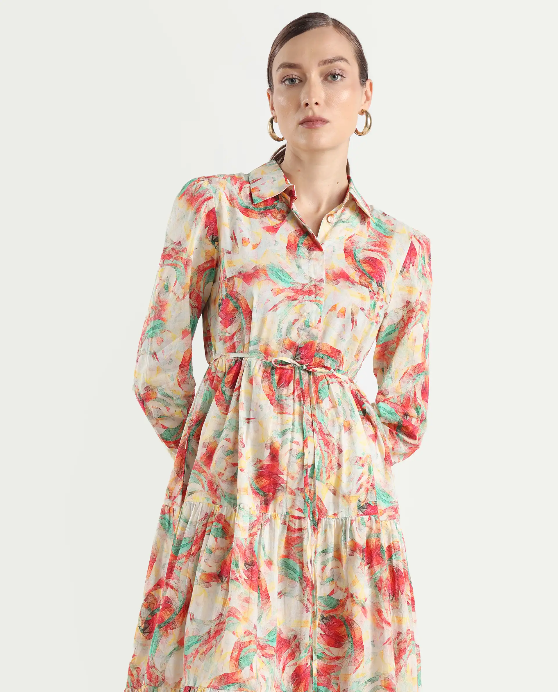 Rareism Women's Puebla Multi Cotton Drop Collar Abstract Print Bishop Sleeve Midi Fit And Flare Dress - Image 2