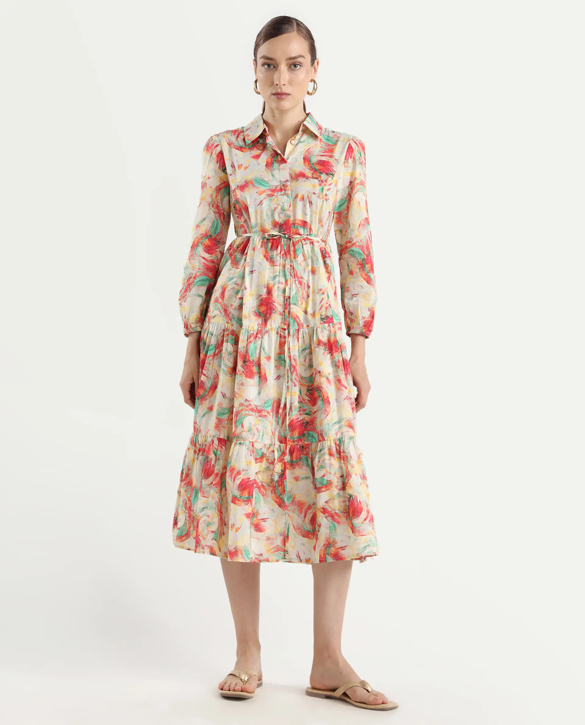 Rareism Women's Puebla Multi Cotton Drop Collar Abstract Print Bishop Sleeve Midi Fit And Flare Dress - Image 3