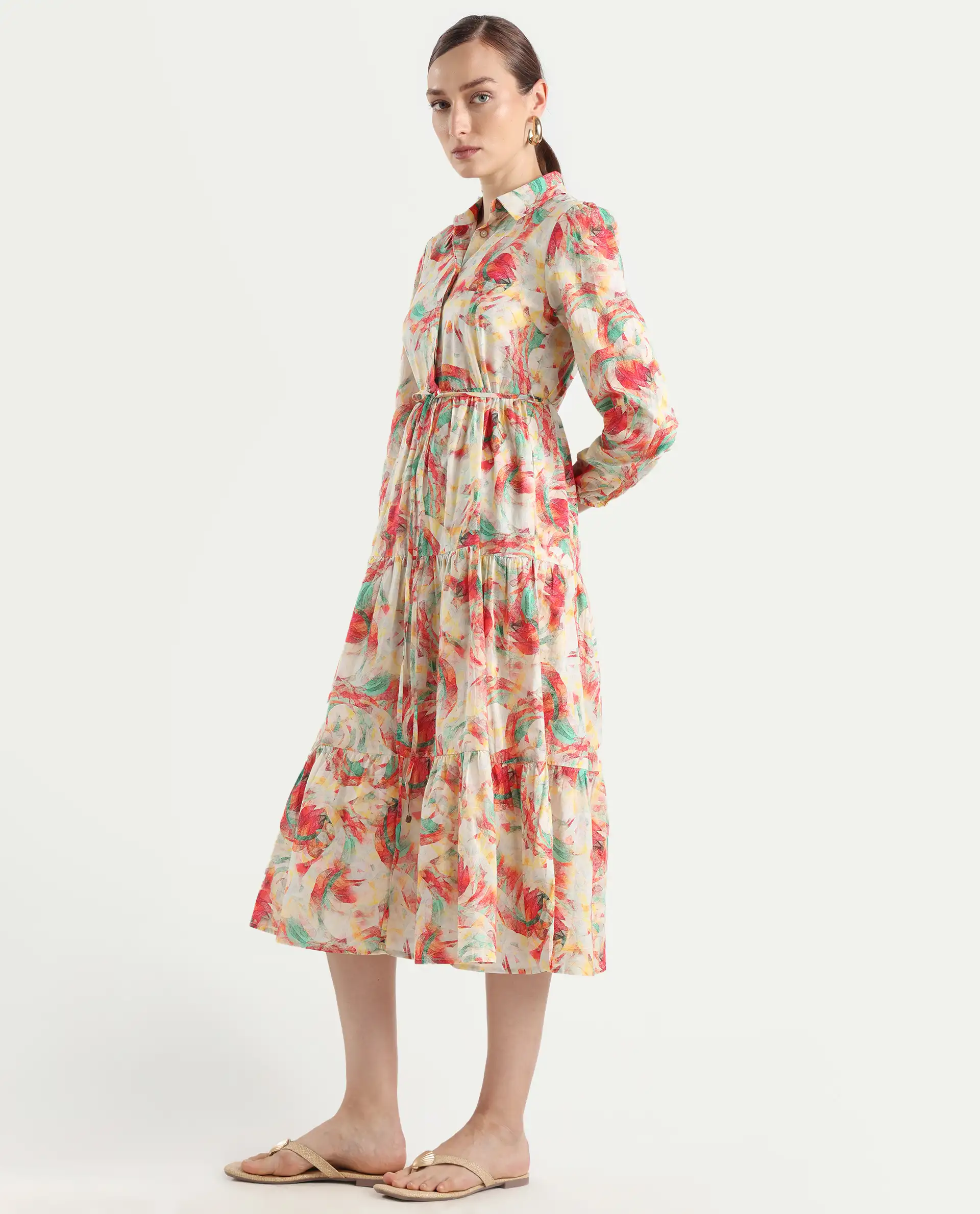 Rareism Women's Puebla Multi Cotton Drop Collar Abstract Print Bishop Sleeve Midi Fit And Flare Dress - Image 5