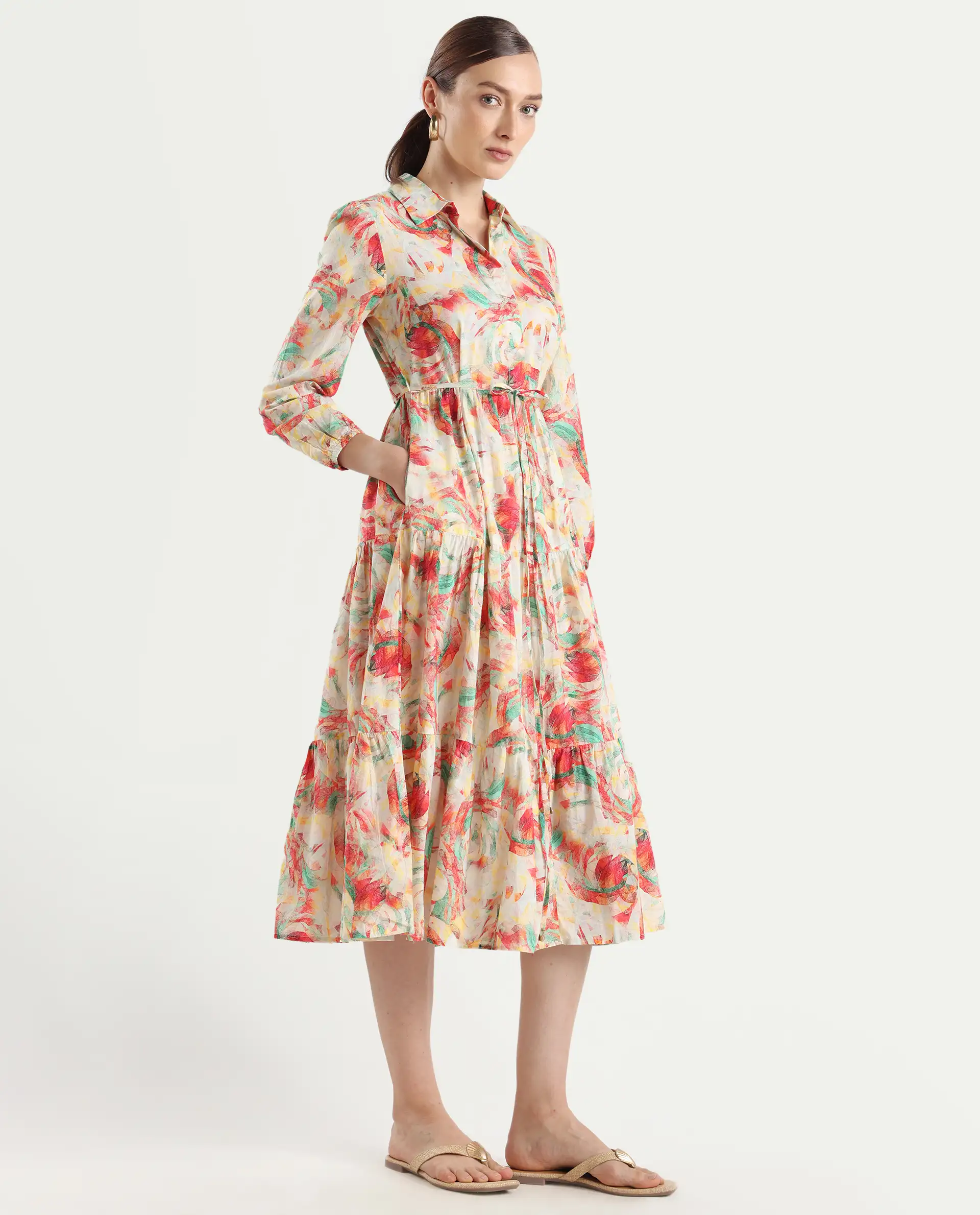 Rareism Women's Puebla Multi Cotton Drop Collar Abstract Print Bishop Sleeve Midi Fit And Flare Dress - Image 6