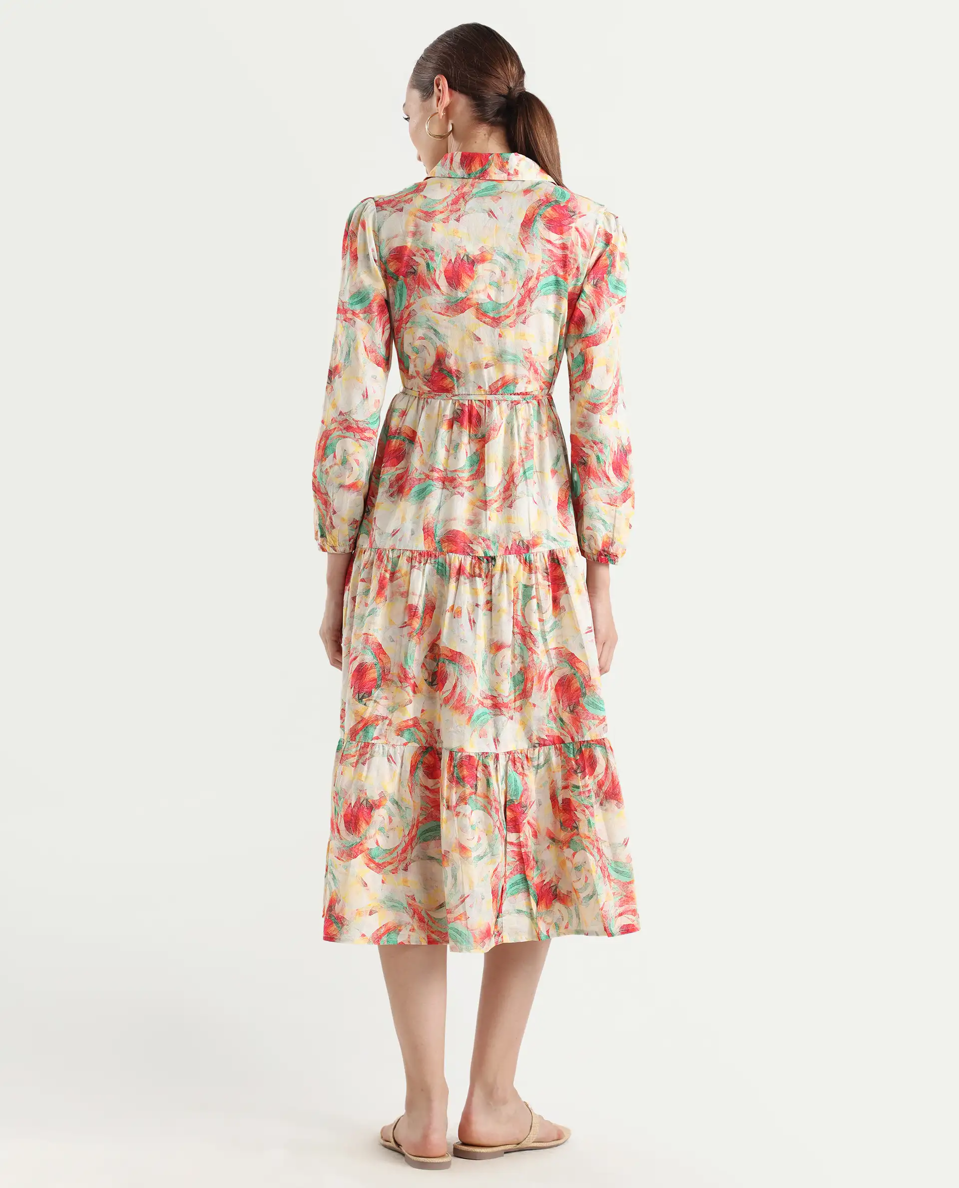 Rareism Women's Puebla Multi Cotton Drop Collar Abstract Print Bishop Sleeve Midi Fit And Flare Dress - Image 7