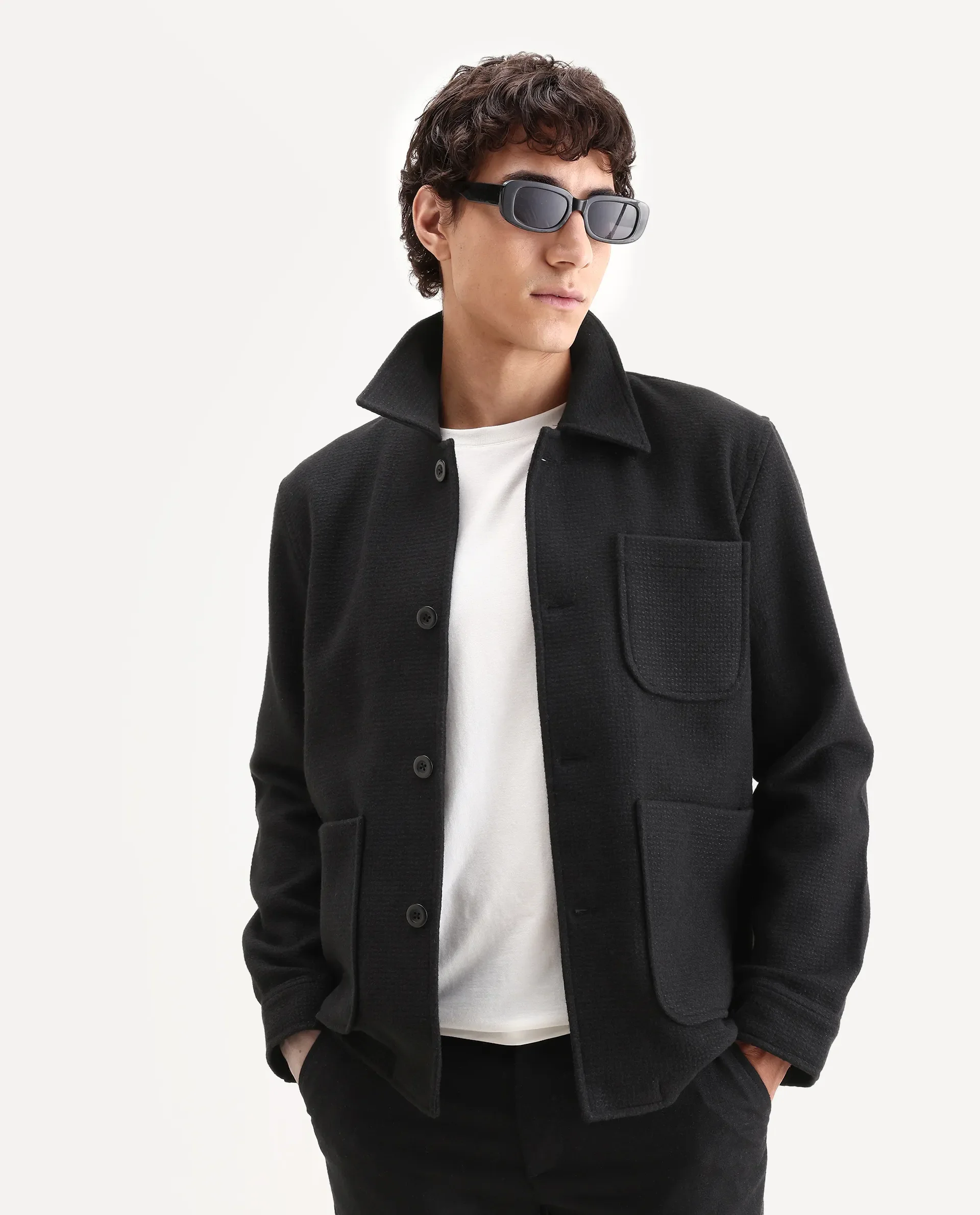 Rare Rabbit Men's Pufco-T Black Polyester Blend Fabric Collared Neck Regular Plain Jacket