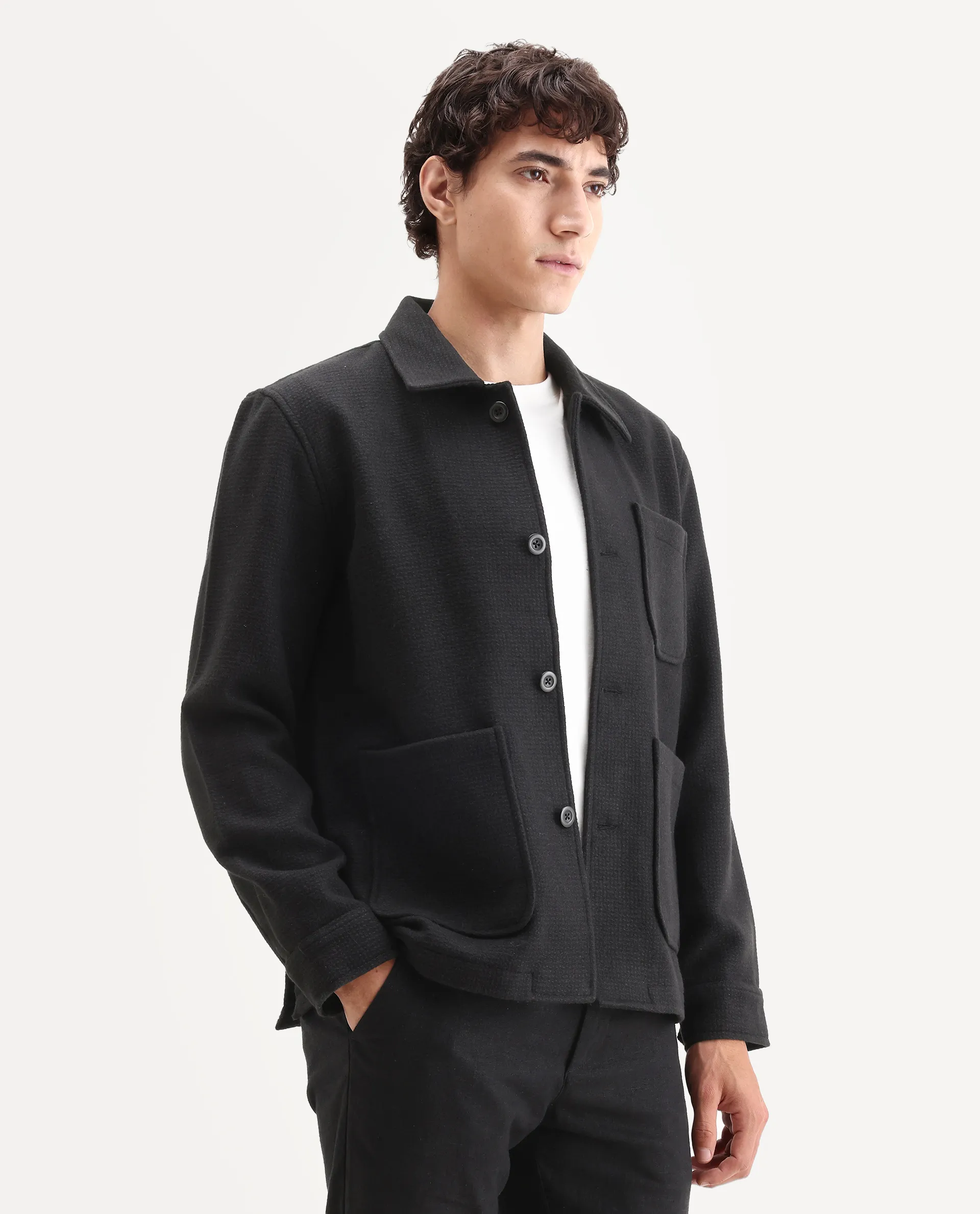 Rare Rabbit Men's Pufco-T Black Polyester Blend Fabric Collared Neck Regular Plain Jacket - Image 6