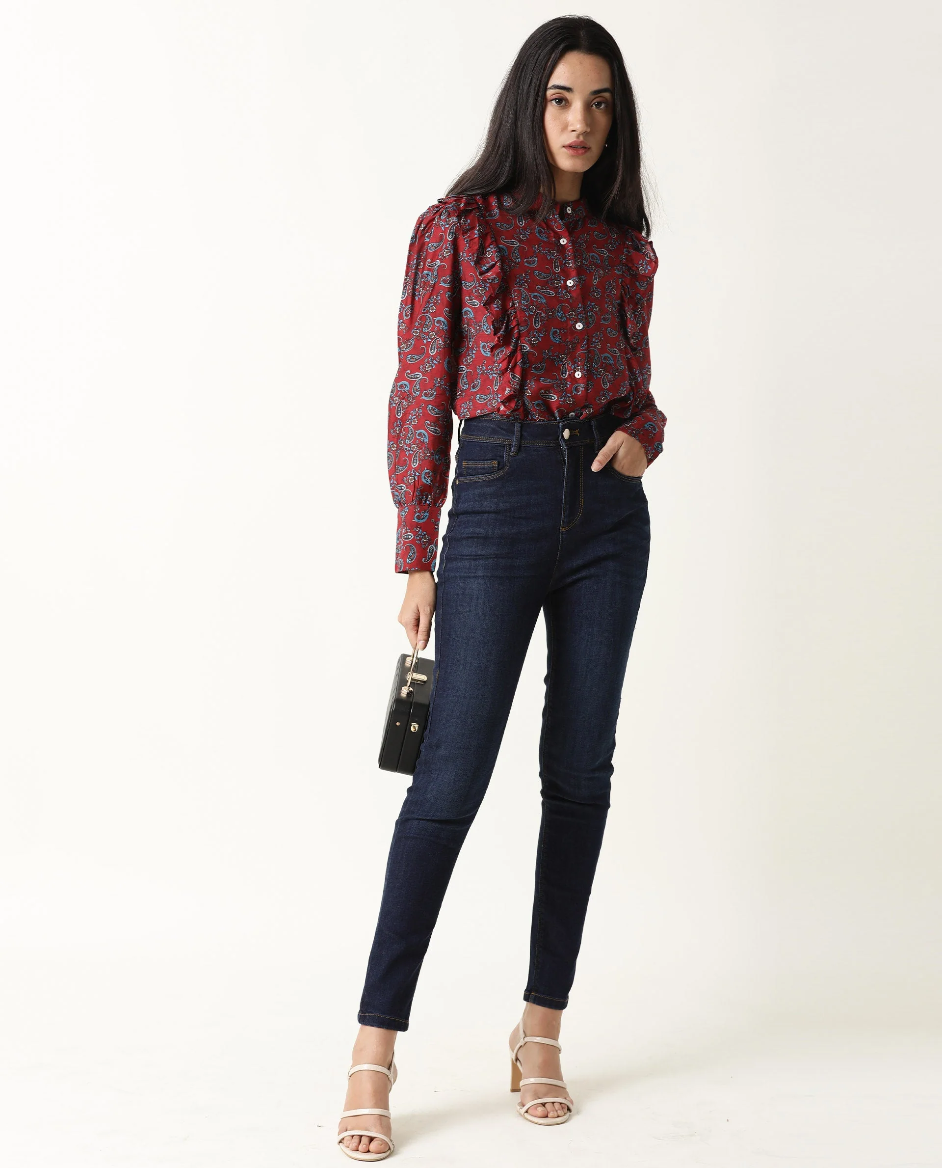 Rareism Women's Pumpkin Maroon Mandarin Collar Embroidered Regular Fit Top - Image 2