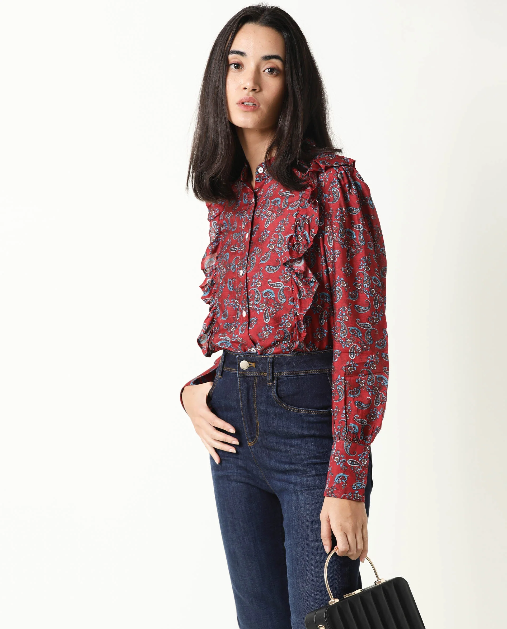 Rareism Women's Pumpkin Maroon Mandarin Collar Embroidered Regular Fit Top - Image 3