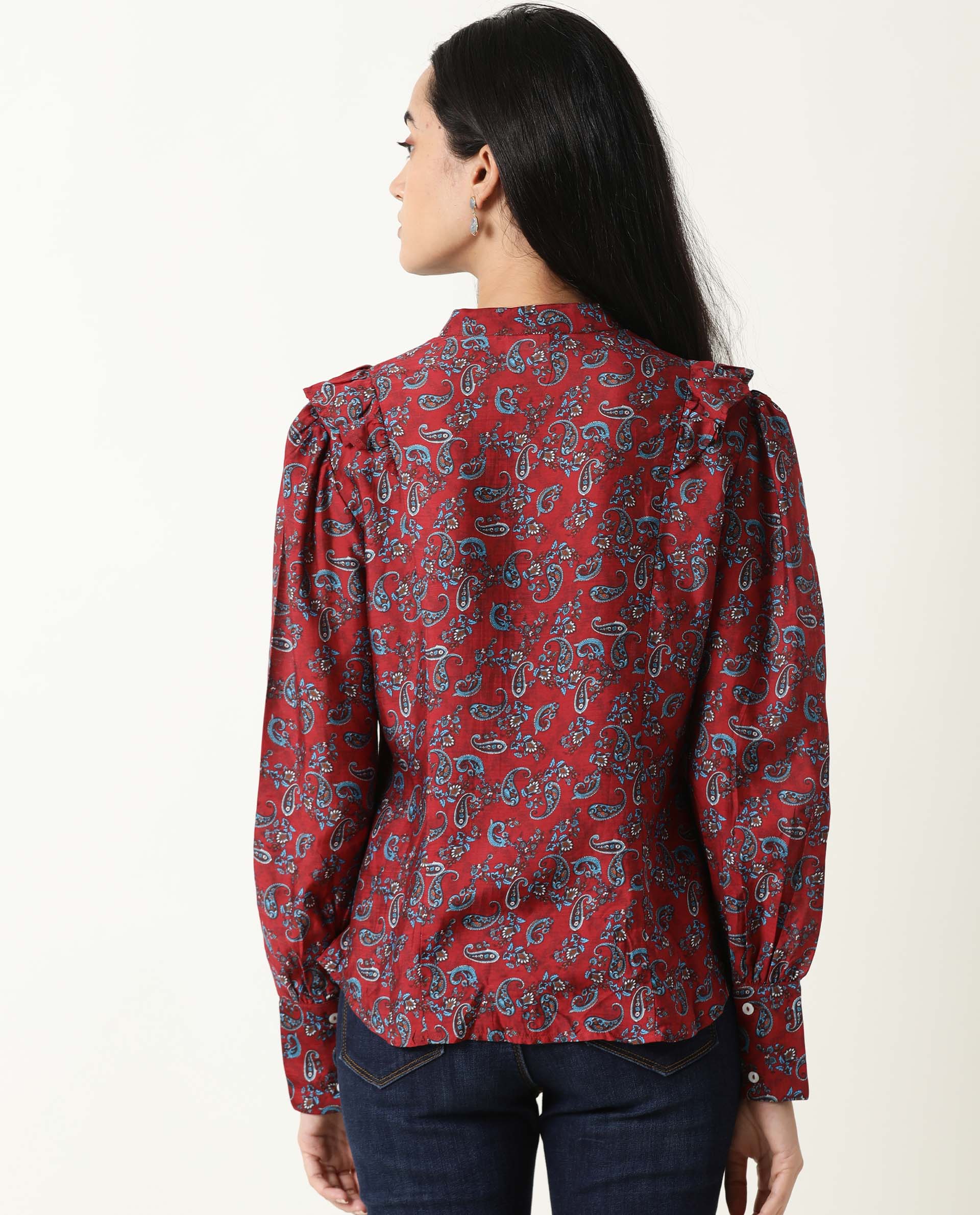 Rareism Women's Pumpkin Maroon Mandarin Collar Embroidered Regular Fit Top - Image 4