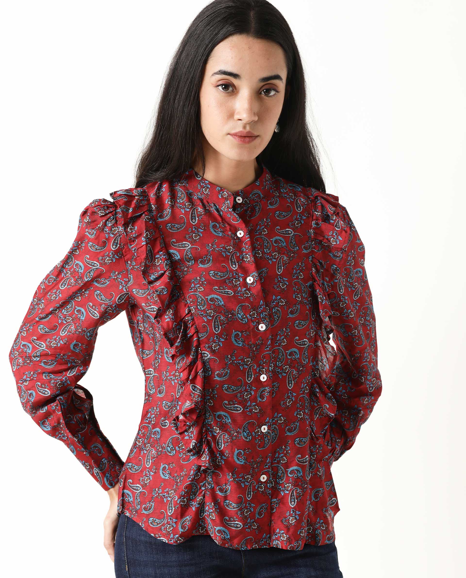 Rareism Women's Pumpkin Maroon Mandarin Collar Embroidered Regular Fit Top - Image 5