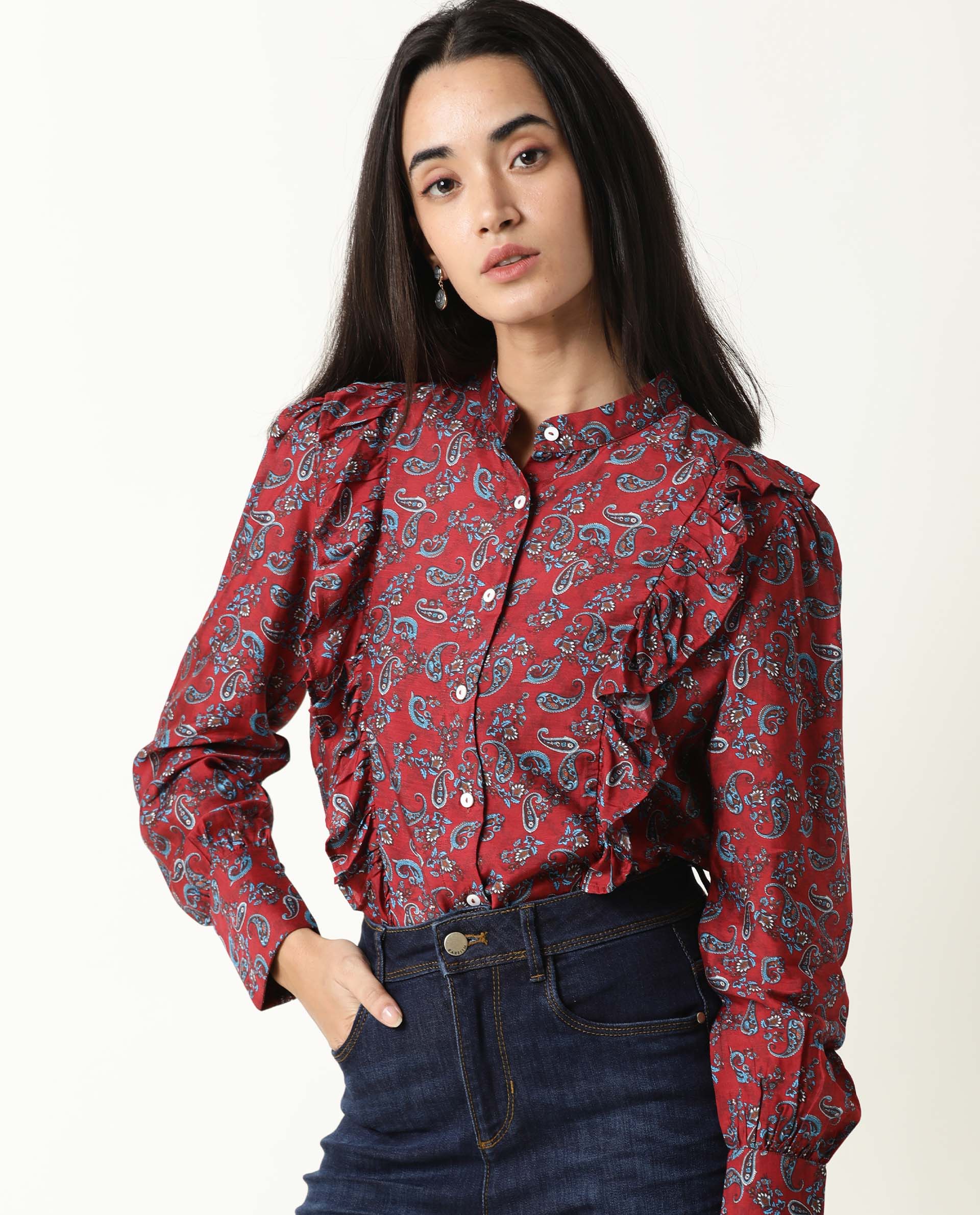 Rareism Women's Pumpkin Maroon Mandarin Collar Embroidered Regular Fit Top - Image 6