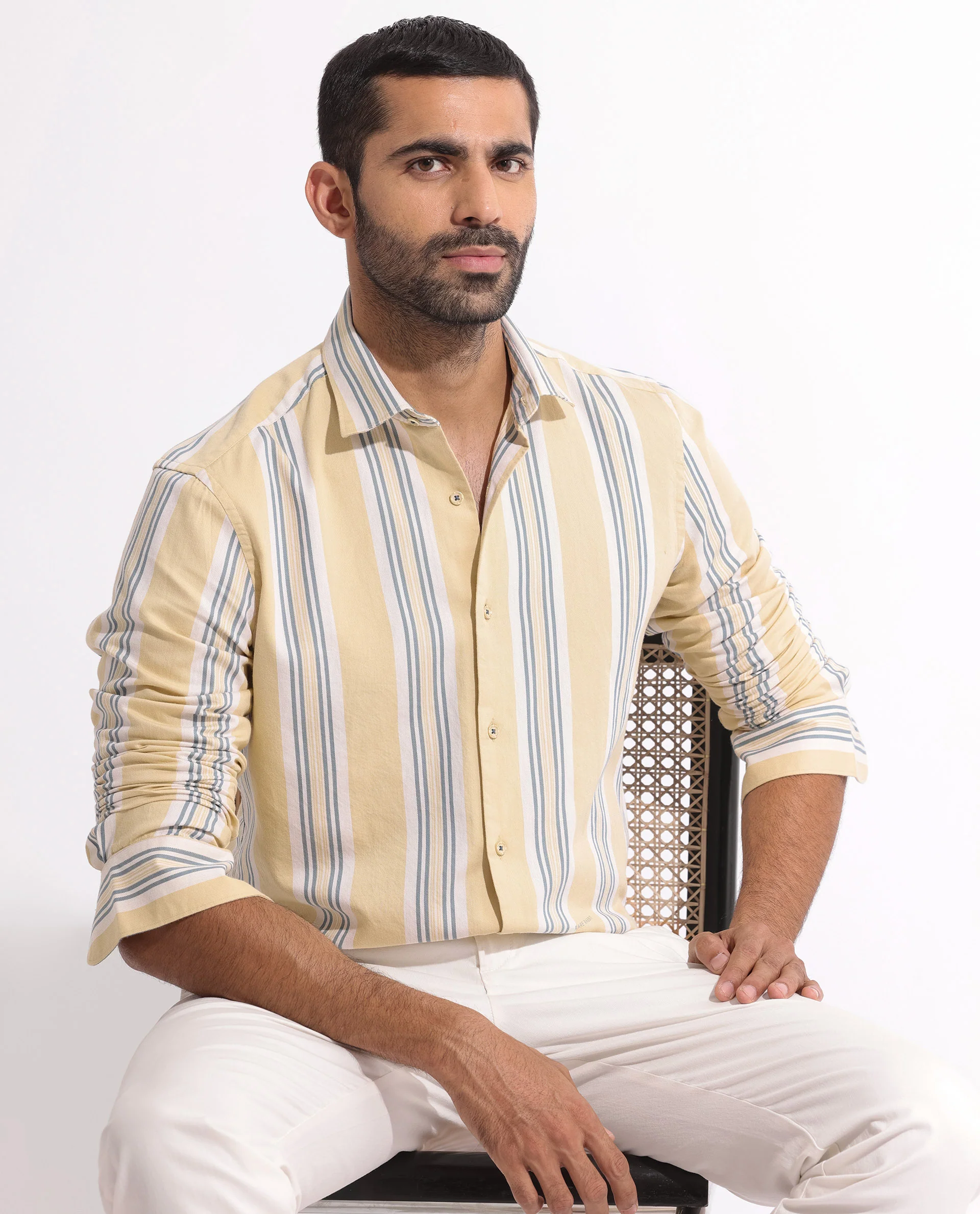 Rare Rabbit Men's Purit Dusky Yellow Cotton Striped Print Regular Fit Full Sleeve Collared Shirt