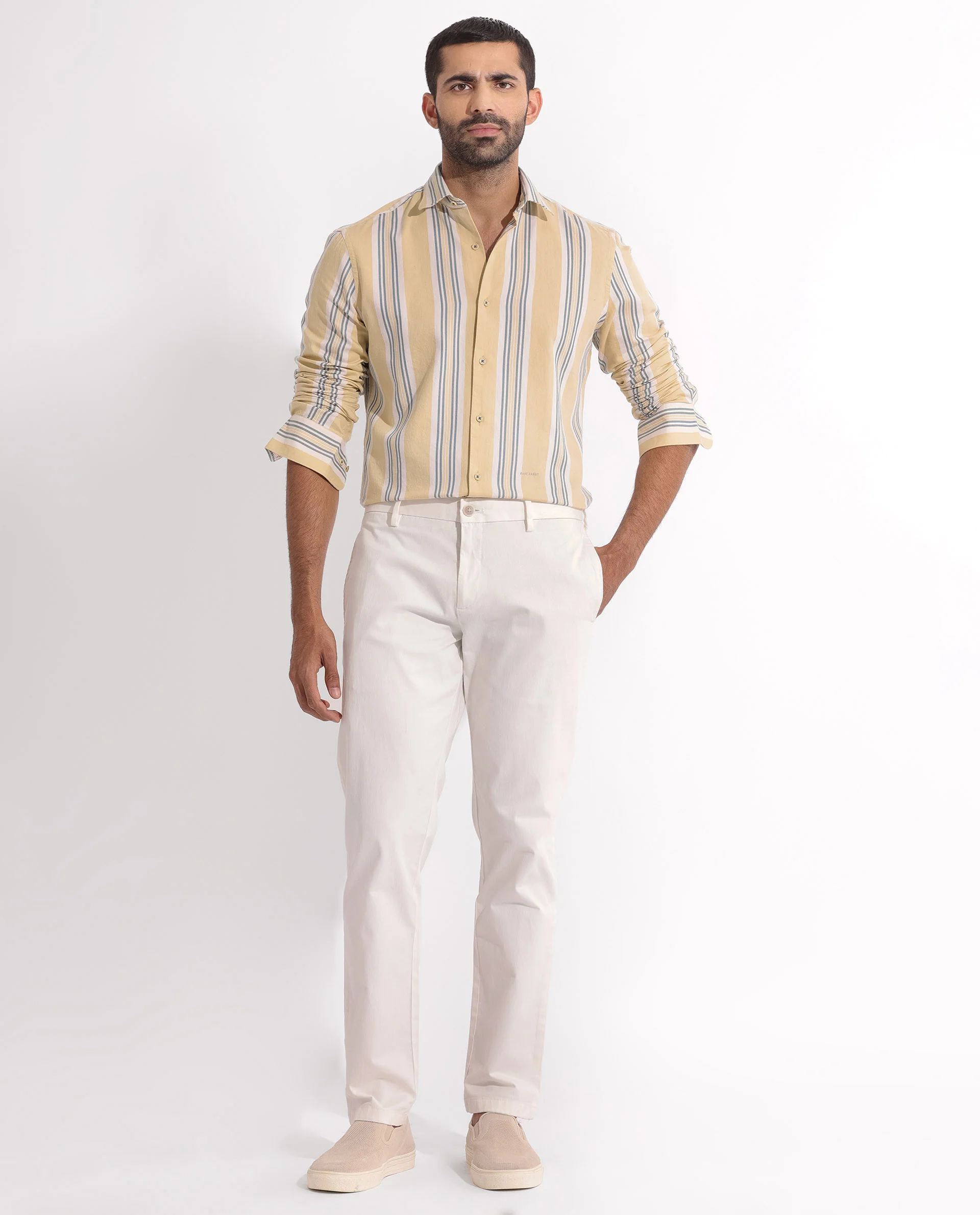 Rare Rabbit Men's Purit Dusky Yellow Cotton Striped Print Regular Fit Full Sleeve Collared Shirt - Image 2