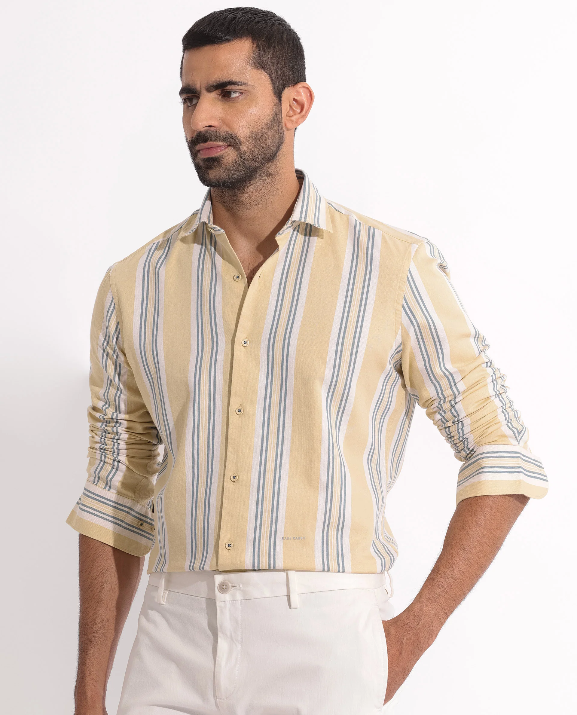 Rare Rabbit Men's Purit Dusky Yellow Cotton Striped Print Regular Fit Full Sleeve Collared Shirt - Image 3