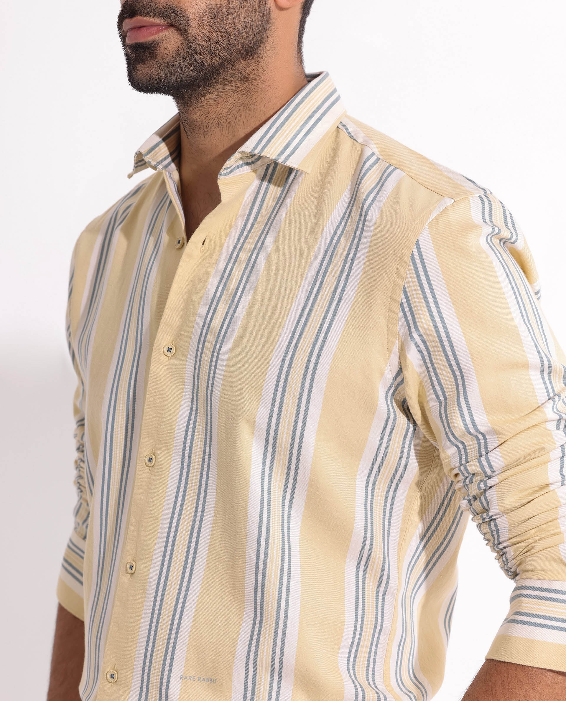 Rare Rabbit Men's Purit Dusky Yellow Cotton Striped Print Regular Fit Full Sleeve Collared Shirt - Image 5