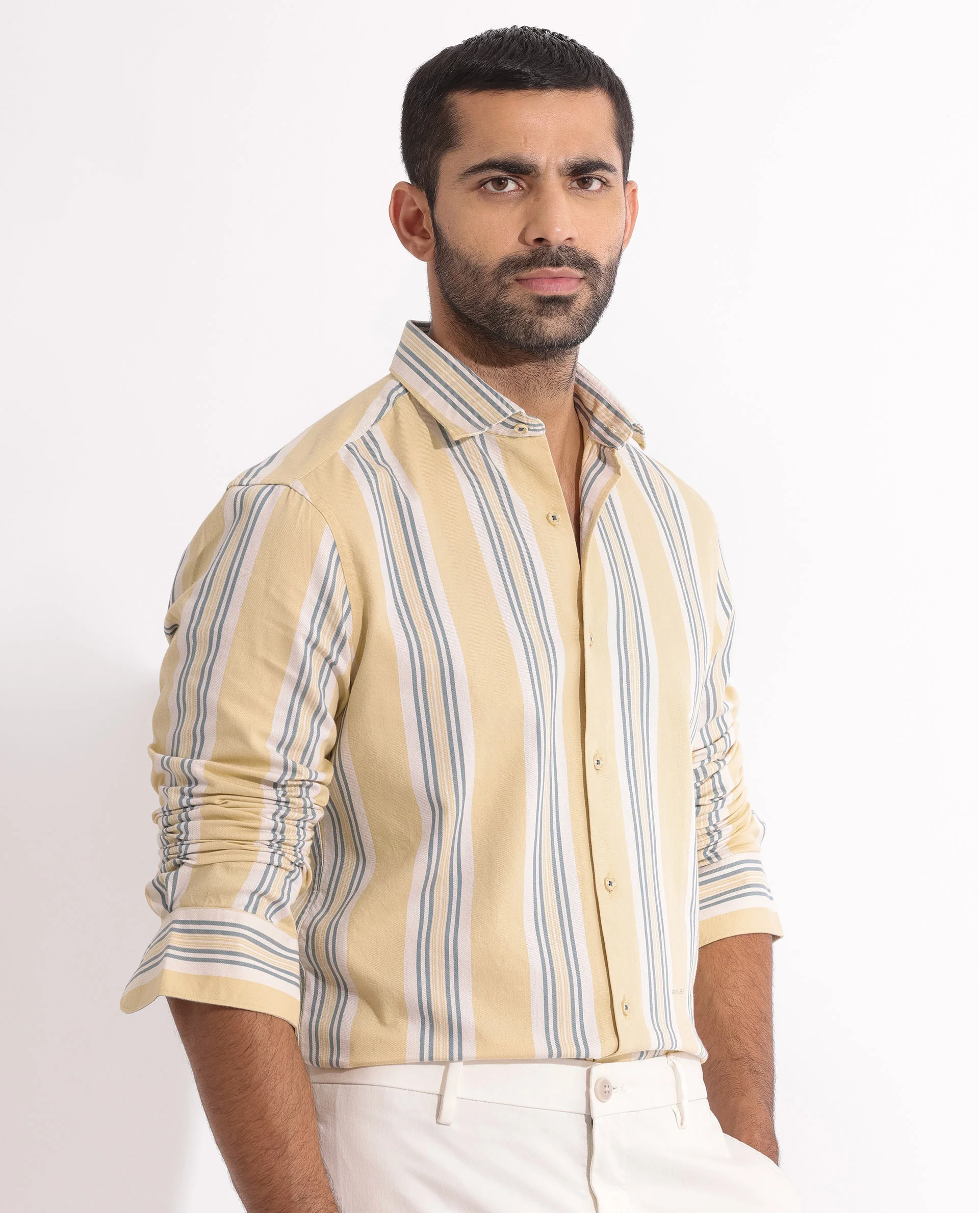 Rare Rabbit Men's Purit Dusky Yellow Cotton Striped Print Regular Fit Full Sleeve Collared Shirt - Image 6