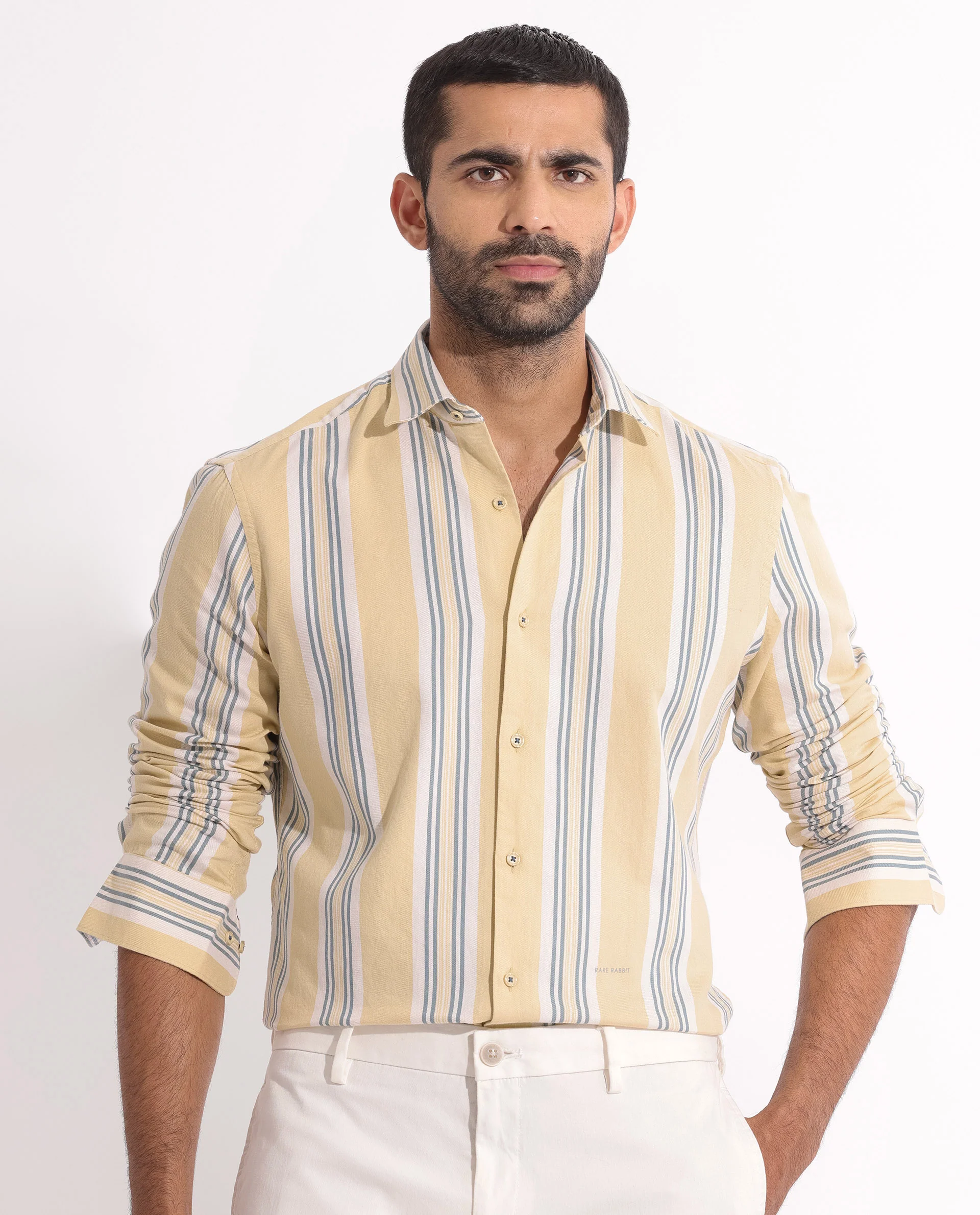 Rare Rabbit Men's Purit Dusky Yellow Cotton Striped Print Regular Fit Full Sleeve Collared Shirt - Image 7