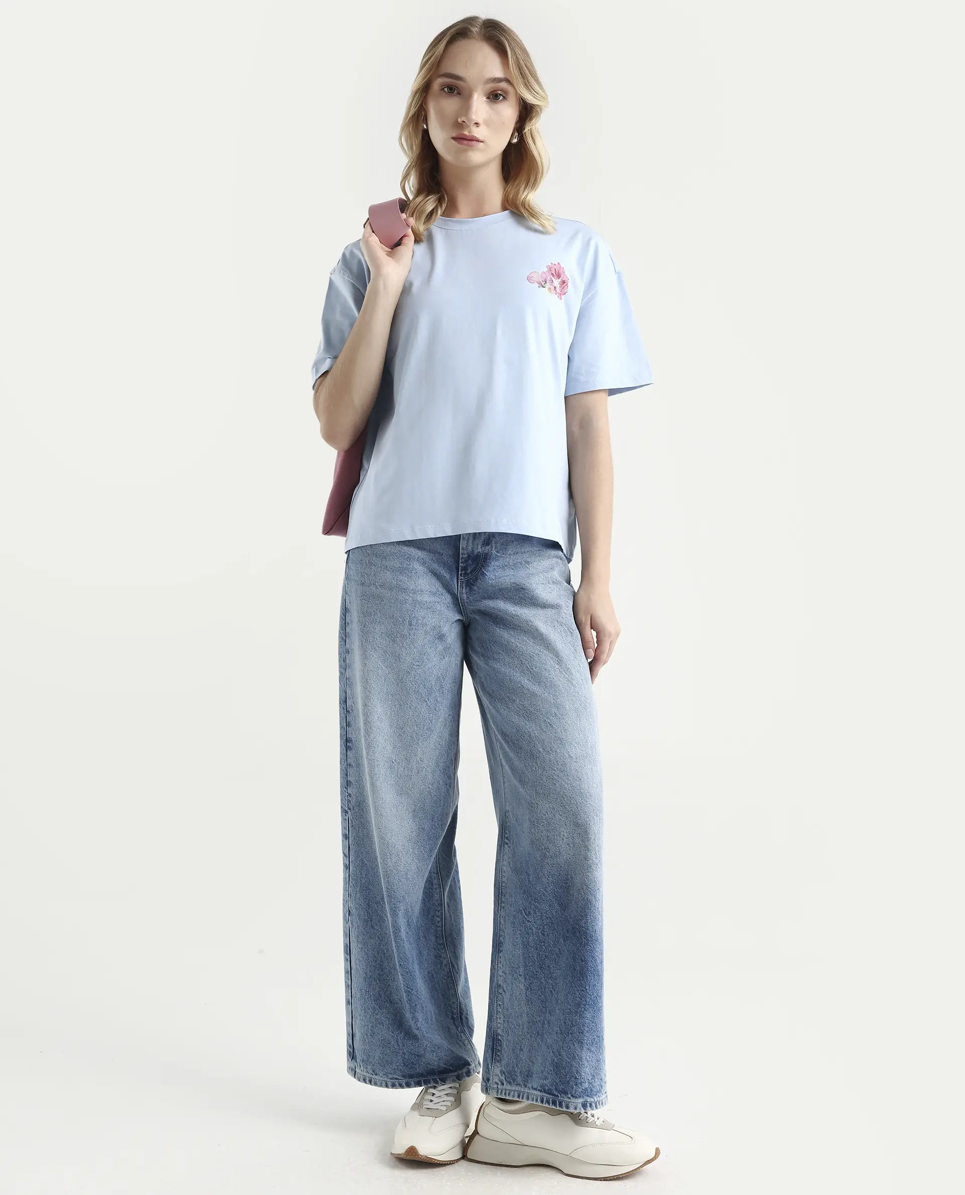 Rareism Women's Purpulent Light Blue Cotton Blend Crew Neck Graphic Print Boxy Fit T-Shirt - Image 2