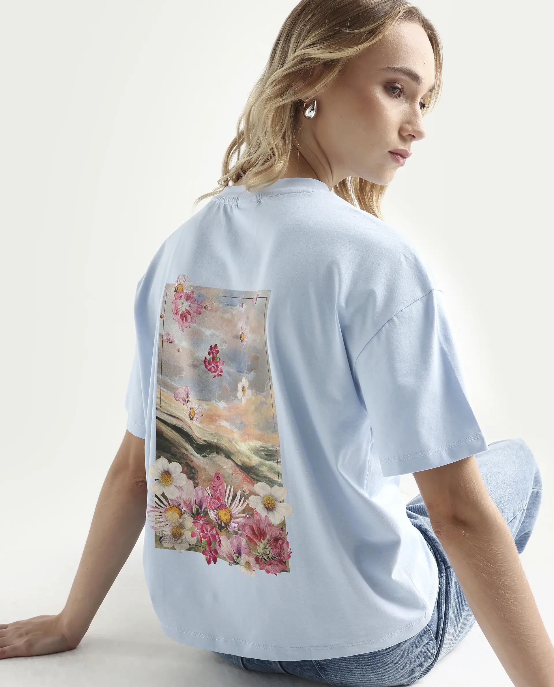 Rareism Women's Purpulent Light Blue Cotton Blend Crew Neck Graphic Print Boxy Fit T-Shirt - Image 3