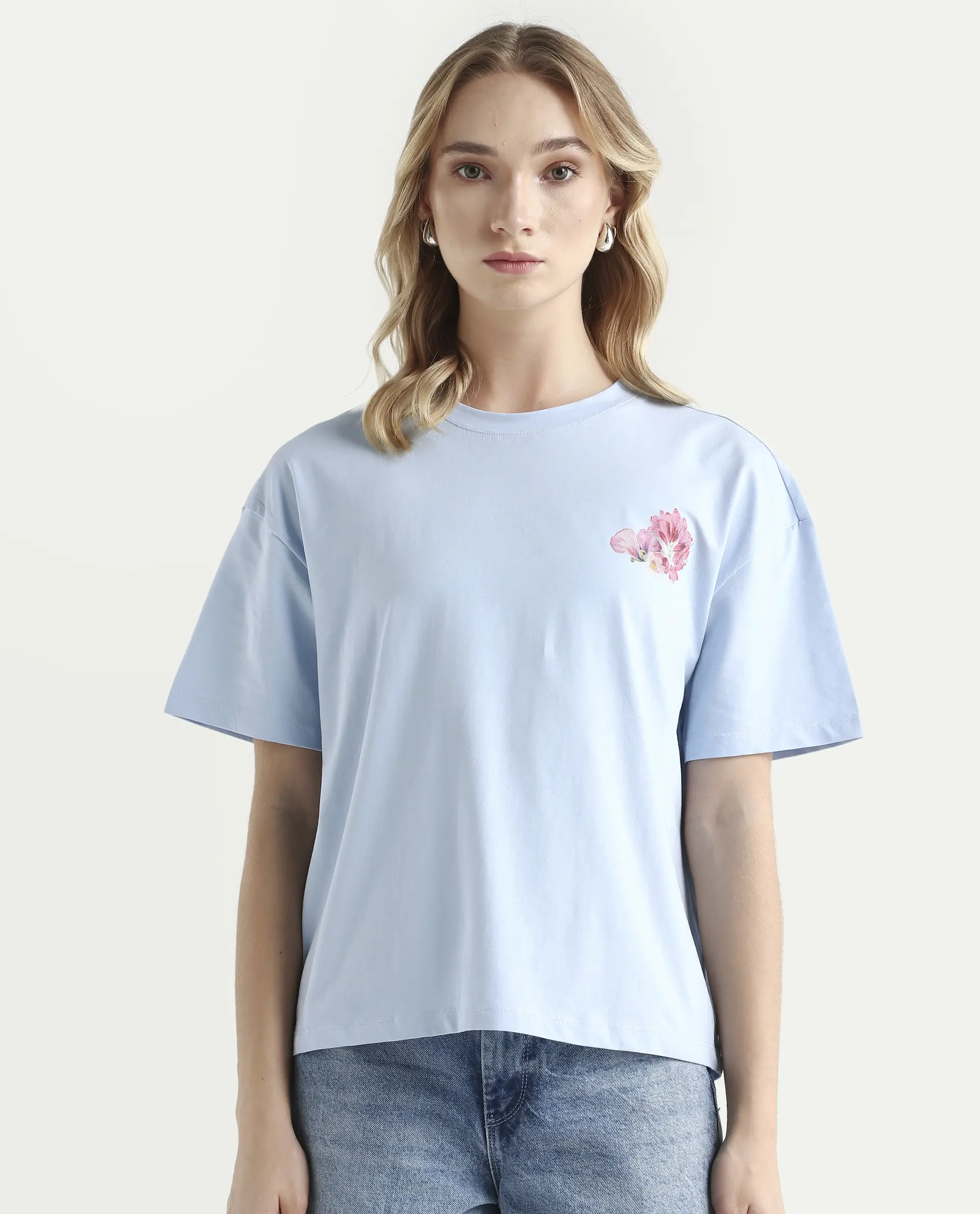 Rareism Women's Purpulent Light Blue Cotton Blend Crew Neck Graphic Print Boxy Fit T-Shirt - Image 4