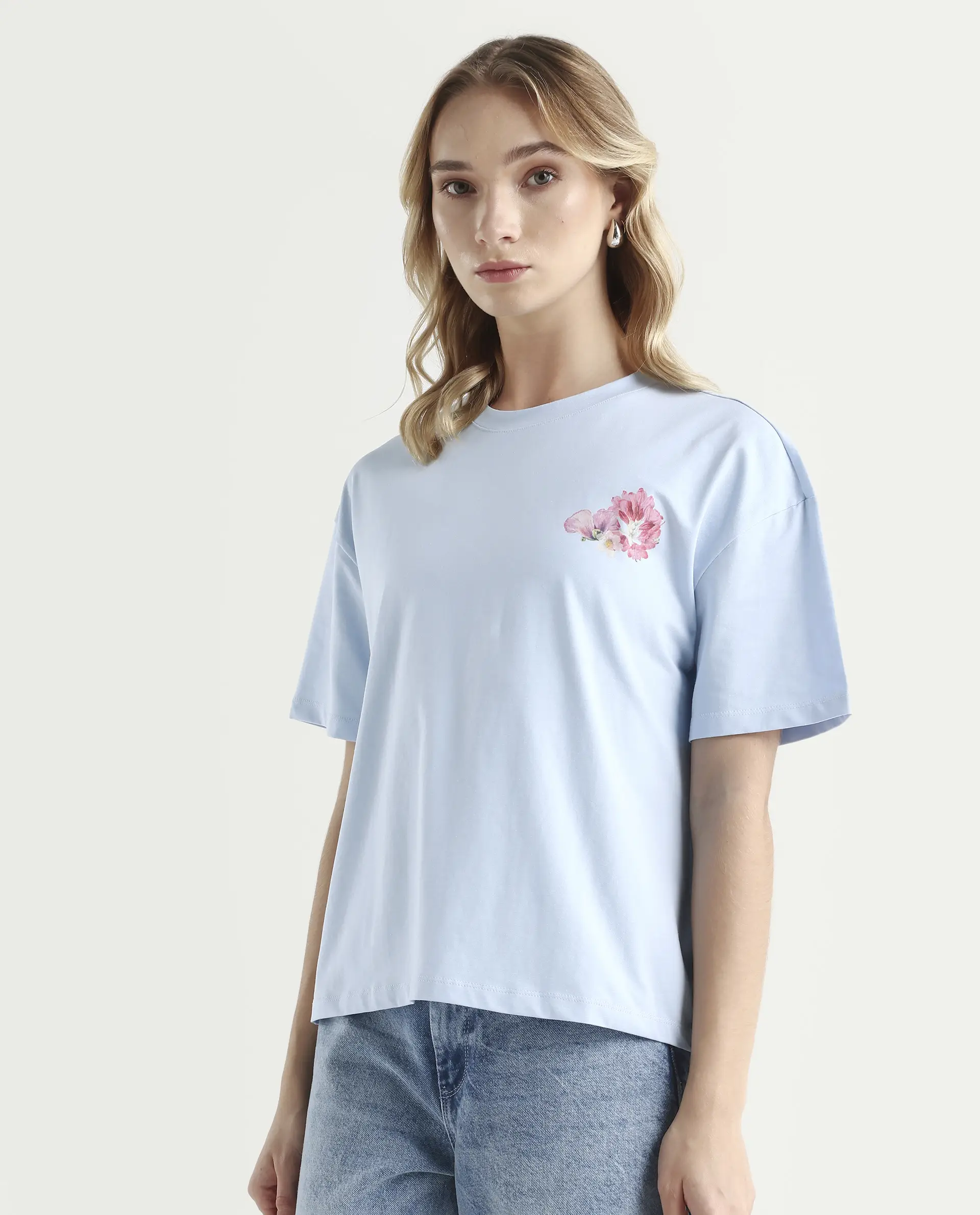 Rareism Women's Purpulent Light Blue Cotton Blend Crew Neck Graphic Print Boxy Fit T-Shirt - Image 5