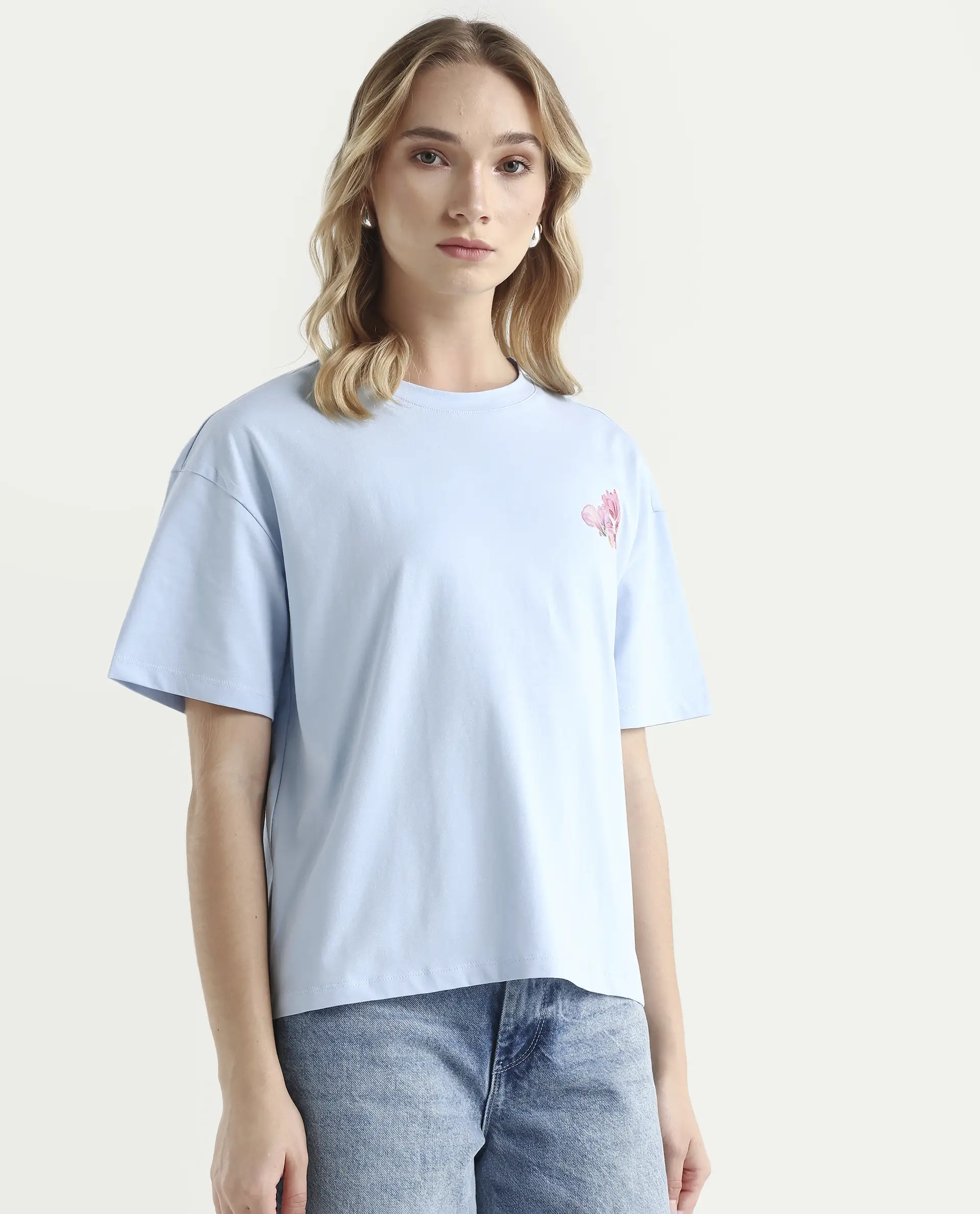 Rareism Women's Purpulent Light Blue Cotton Blend Crew Neck Graphic Print Boxy Fit T-Shirt - Image 6