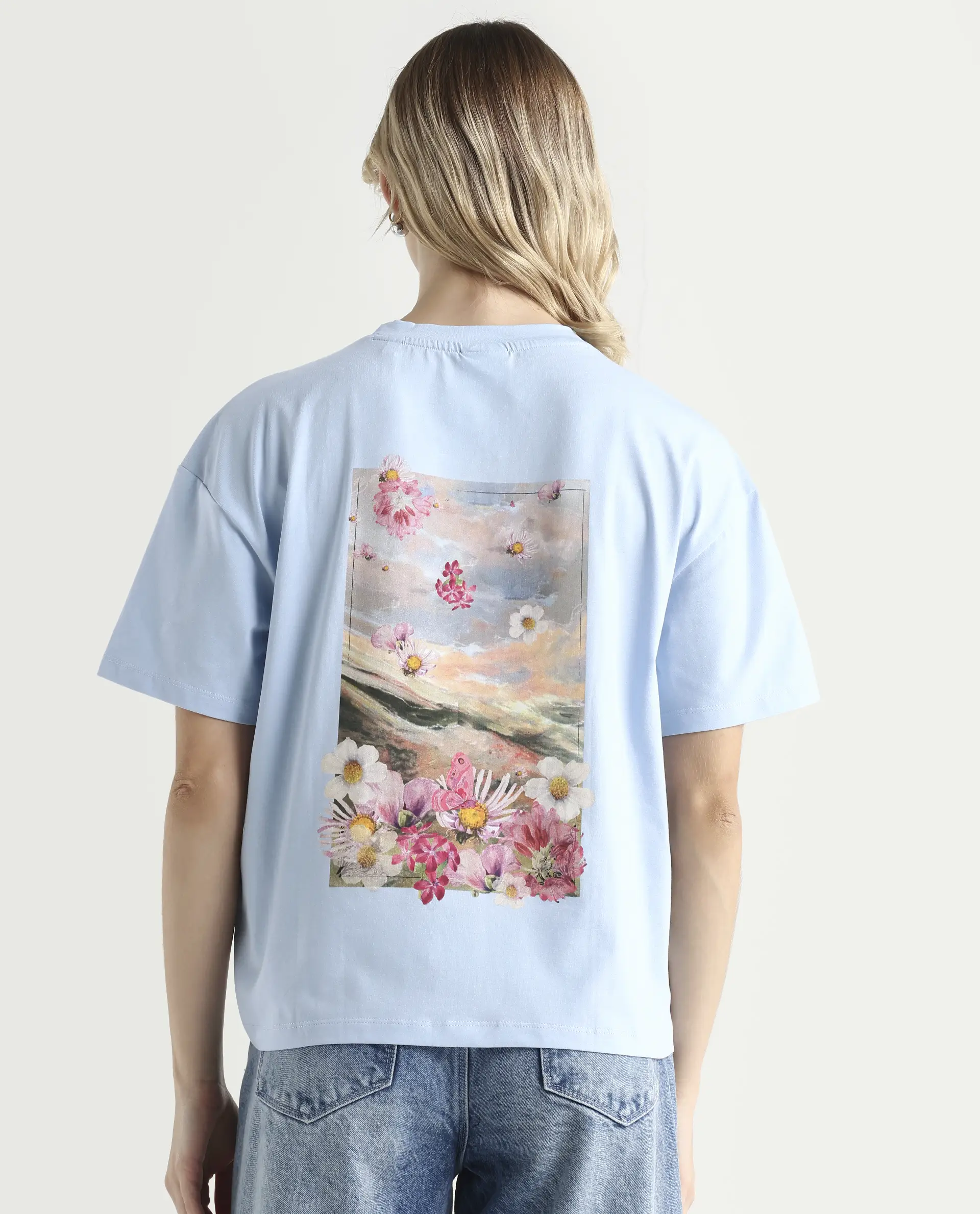 Rareism Women's Purpulent Light Blue Cotton Blend Crew Neck Graphic Print Boxy Fit T-Shirt - Image 7