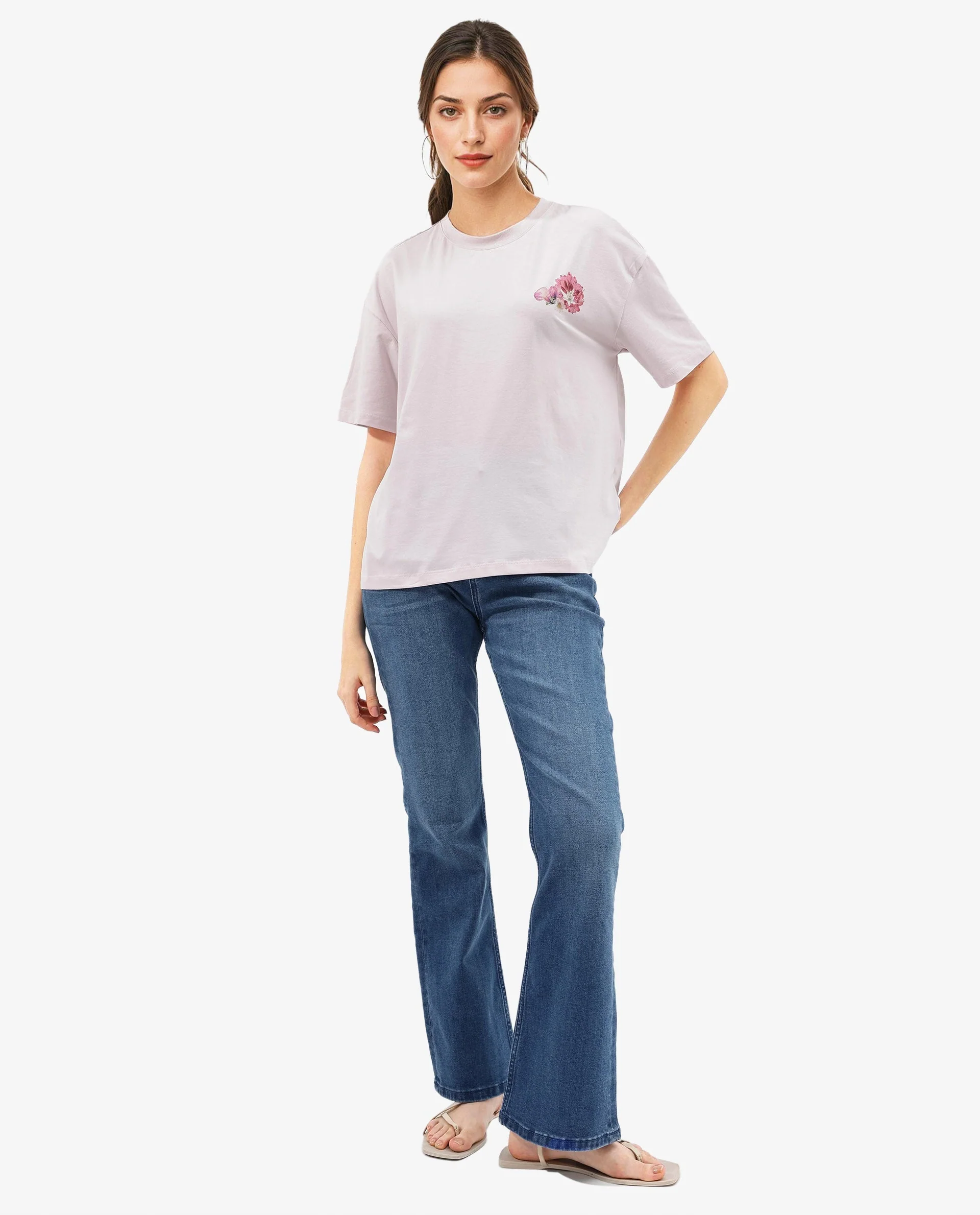 Rareism Women's Purpulent Pastel Pink Cotton Blend Crew Neck Graphic Print Boxy Fit T-Shirt - Image 2