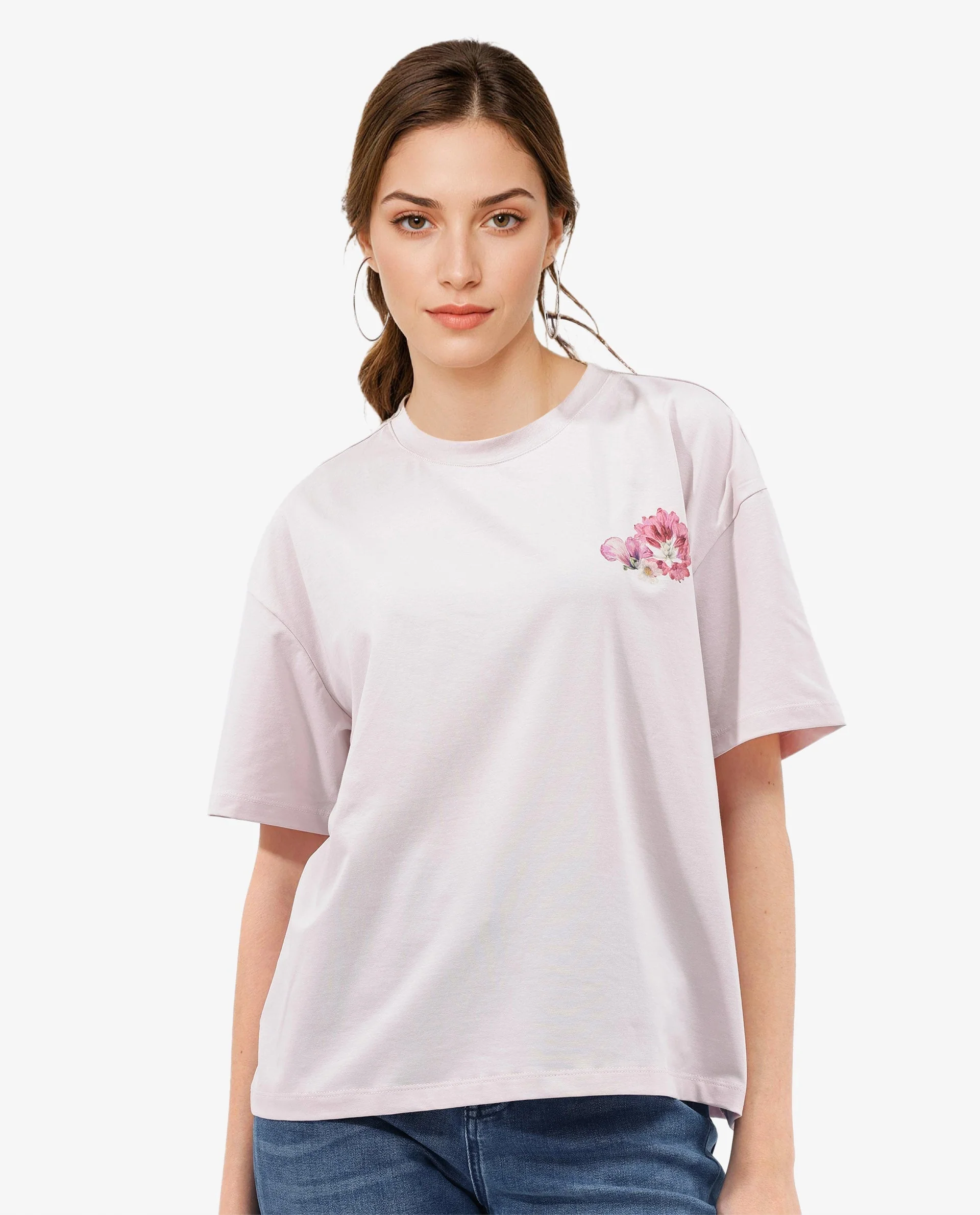 Rareism Women's Purpulent Pastel Pink Cotton Blend Crew Neck Graphic Print Boxy Fit T-Shirt - Image 5