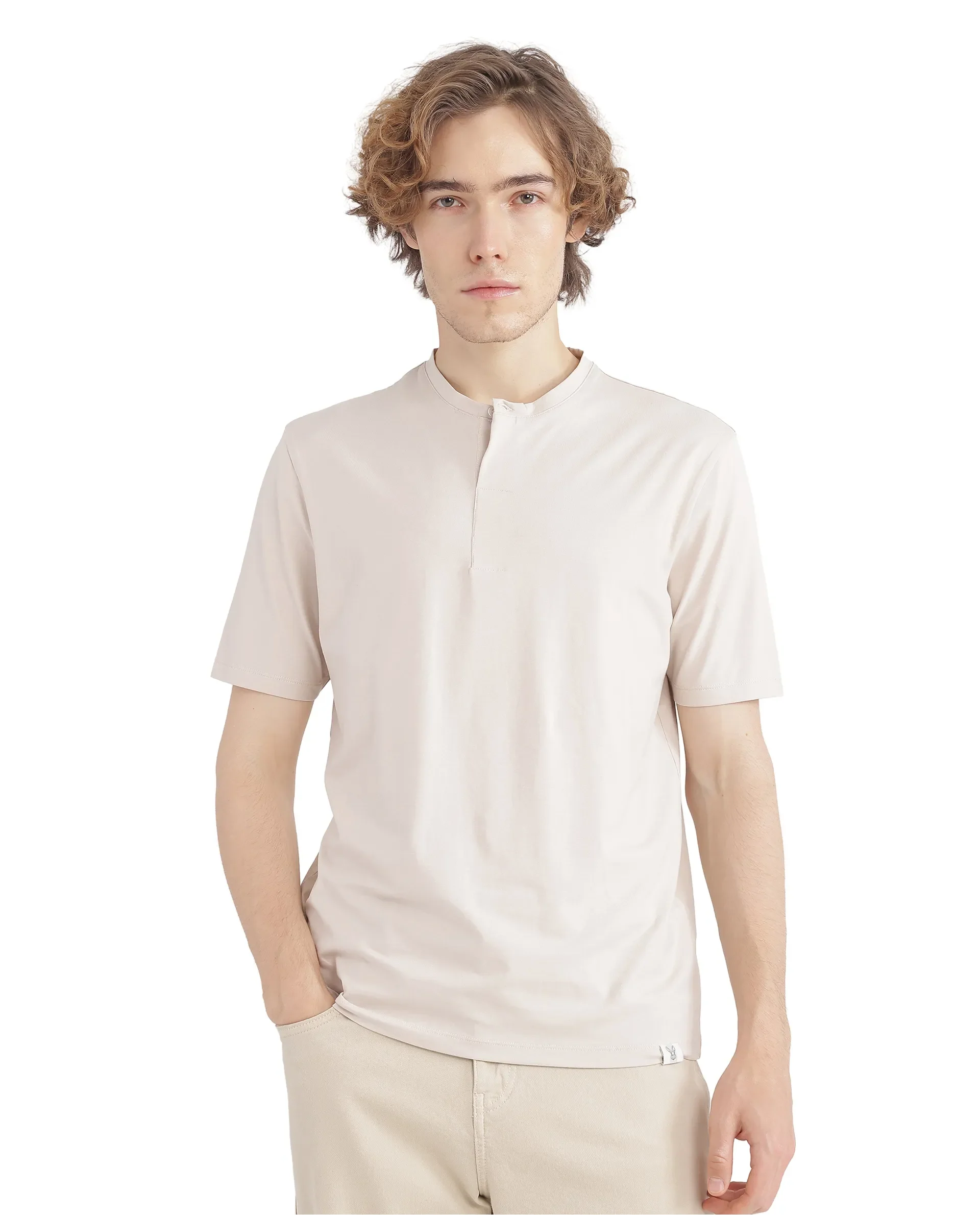 Rare Rabbit Men's Purt Beige Cotton Blend Plain Regular Fit Half Sleeve Crew Neck T-Shirt