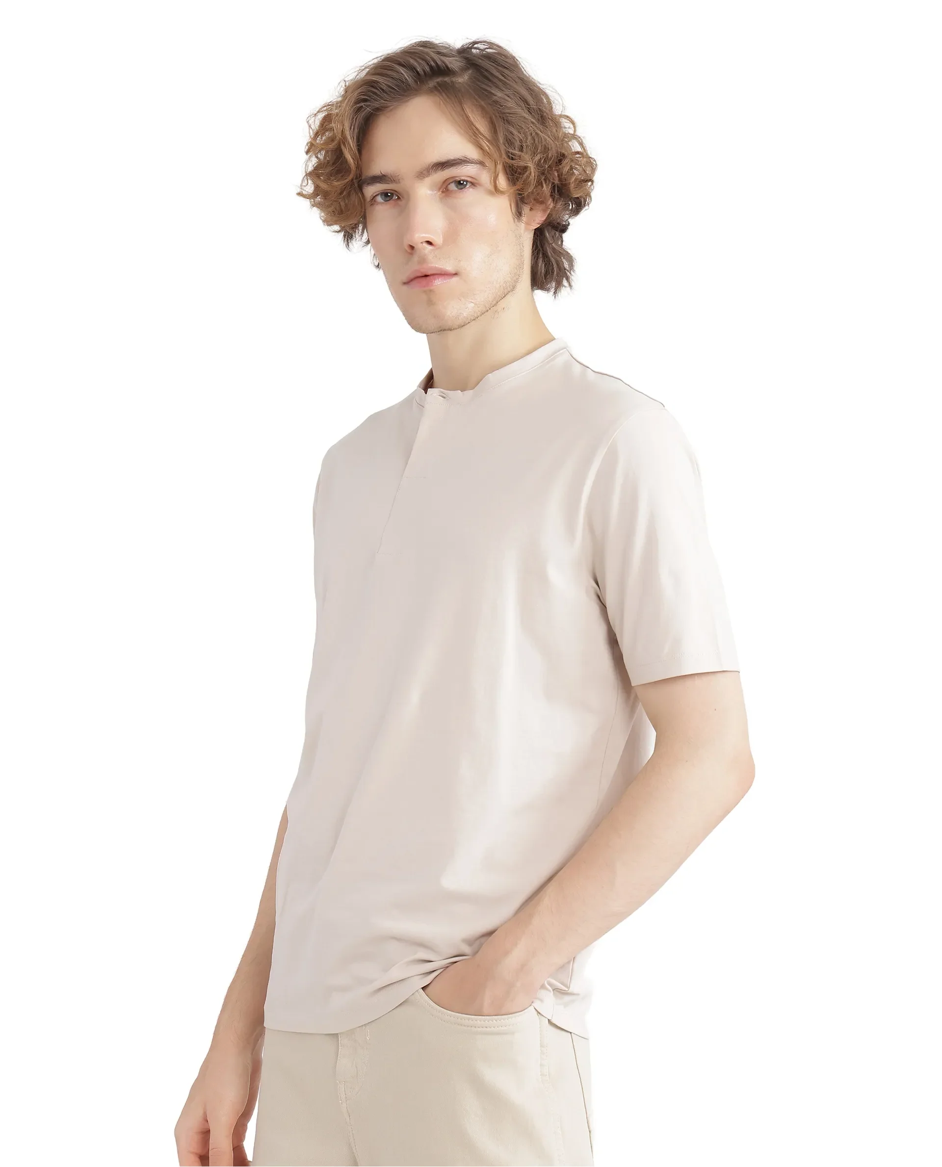 Rare Rabbit Men's Purt Beige Cotton Blend Plain Regular Fit Half Sleeve Crew Neck T-Shirt - Image 4