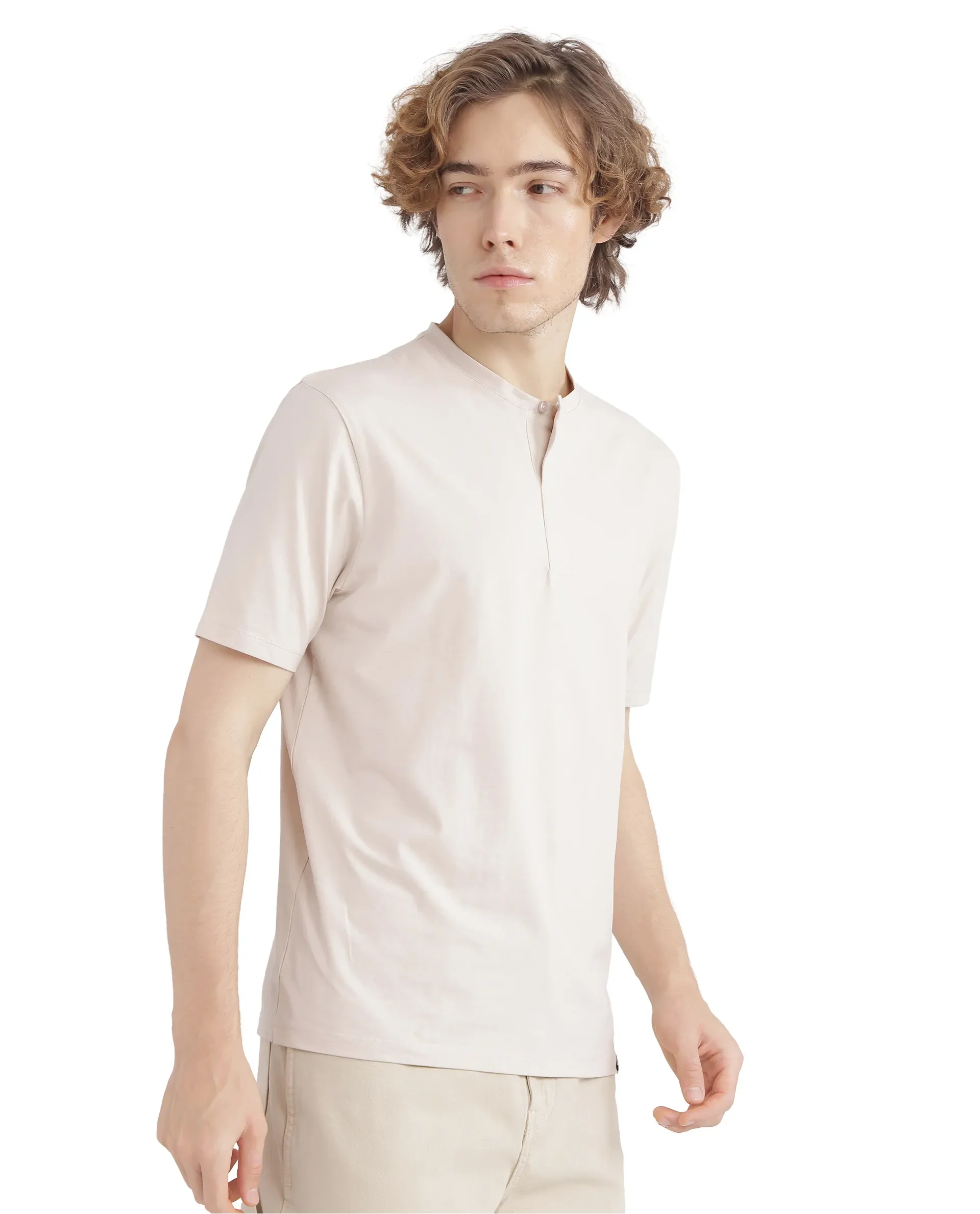 Rare Rabbit Men's Purt Beige Cotton Blend Plain Regular Fit Half Sleeve Crew Neck T-Shirt - Image 5