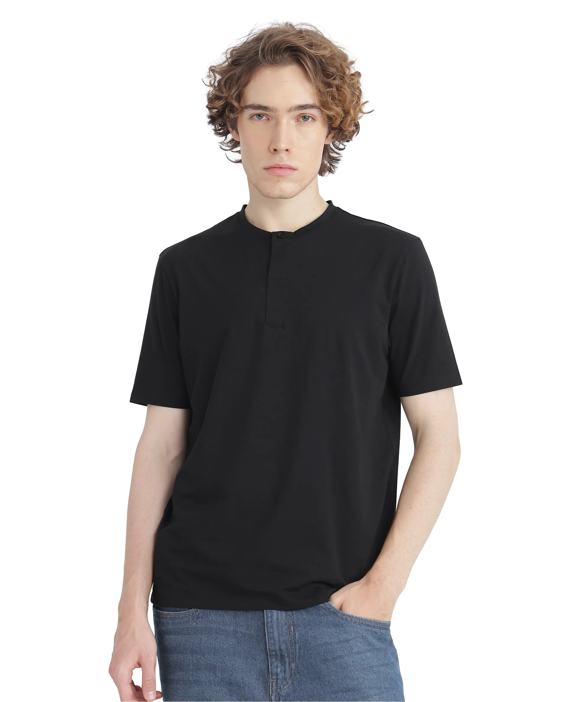 Rare Rabbit Men's Purt Black Cotton Blend Plain Regular Fit Half Sleeve Crew Neck T-Shirt