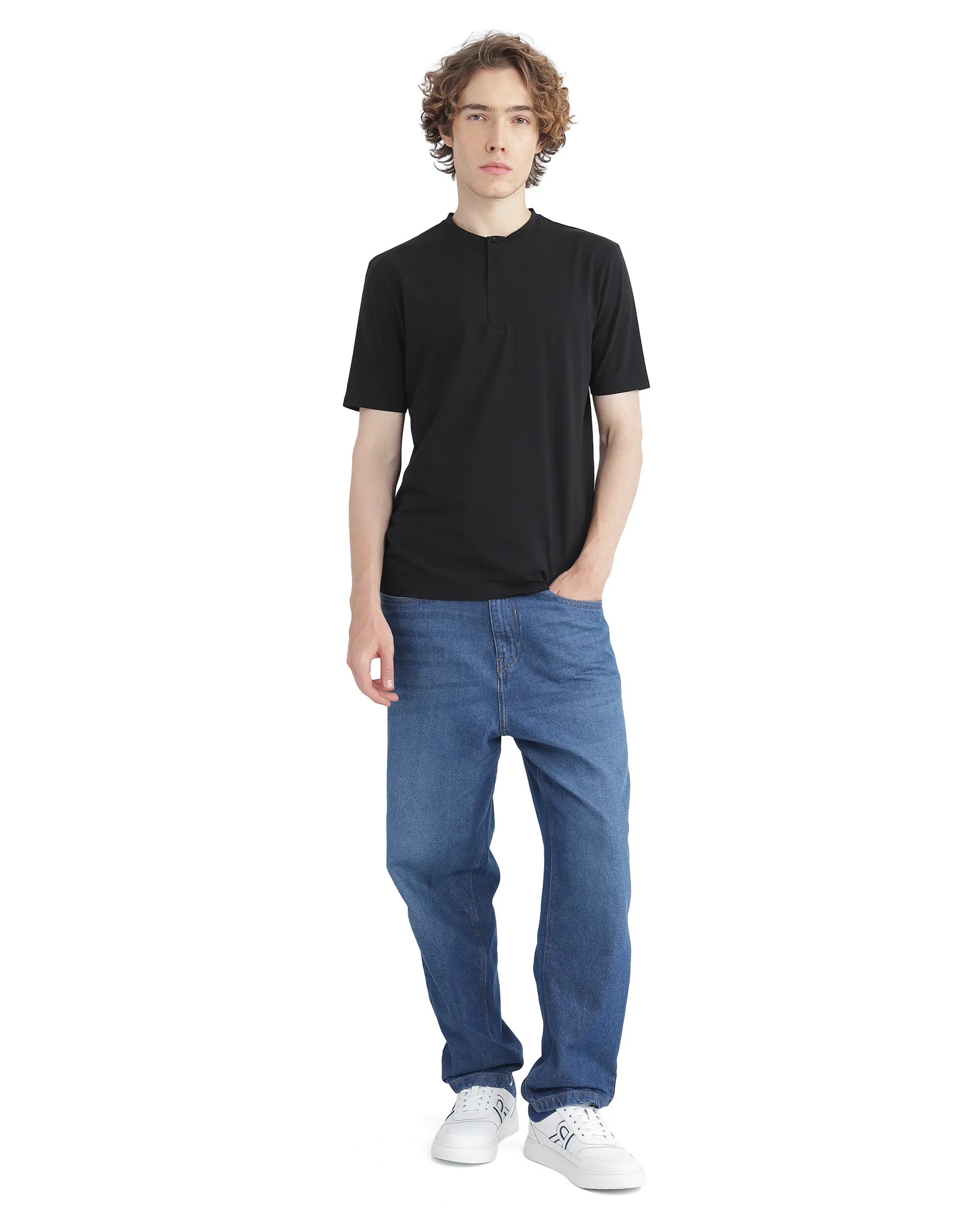 Rare Rabbit Men's Purt Black Cotton Blend Plain Regular Fit Half Sleeve Crew Neck T-Shirt - Image 3