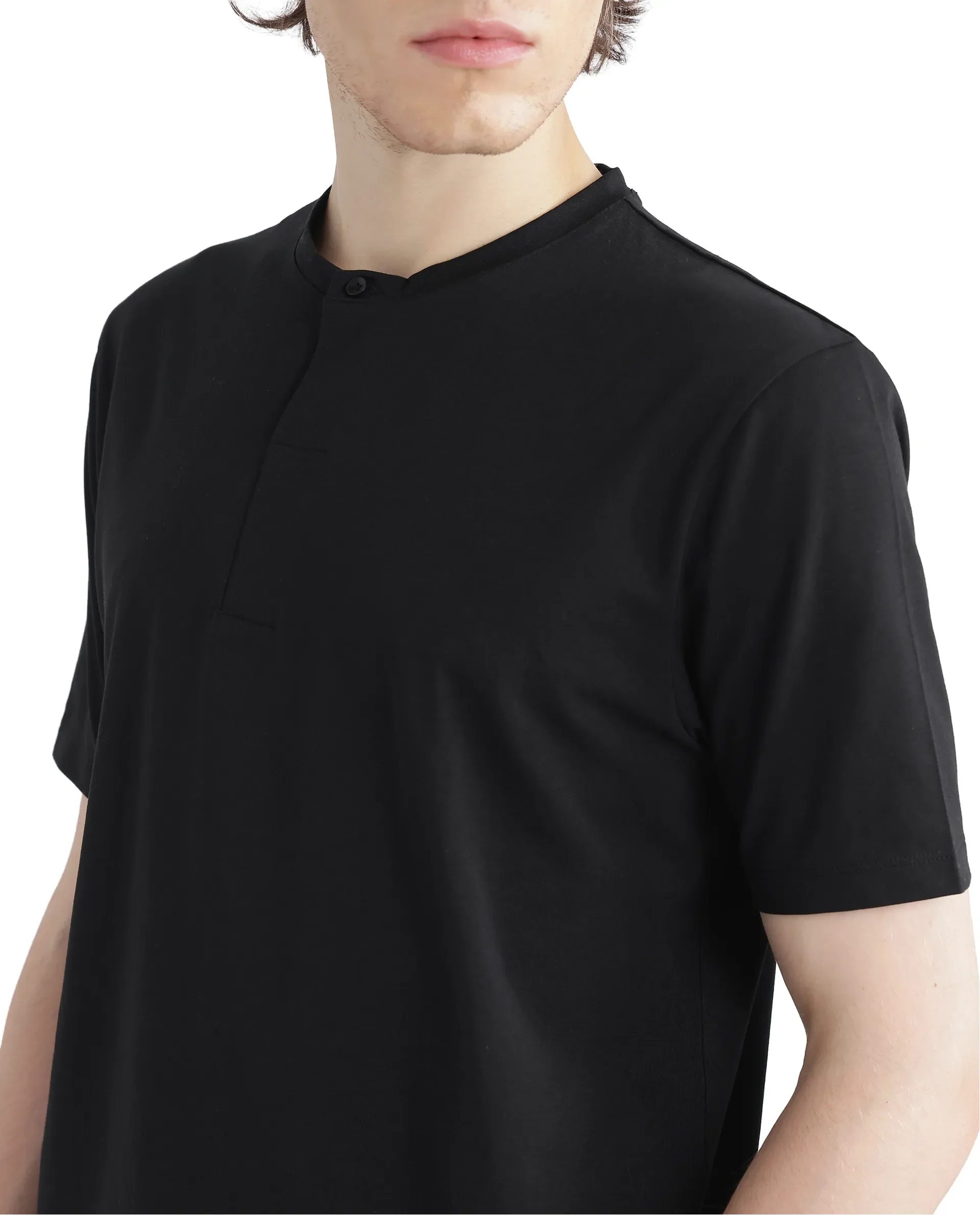 Rare Rabbit Men's Purt Black Cotton Blend Plain Regular Fit Half Sleeve Crew Neck T-Shirt - Image 4