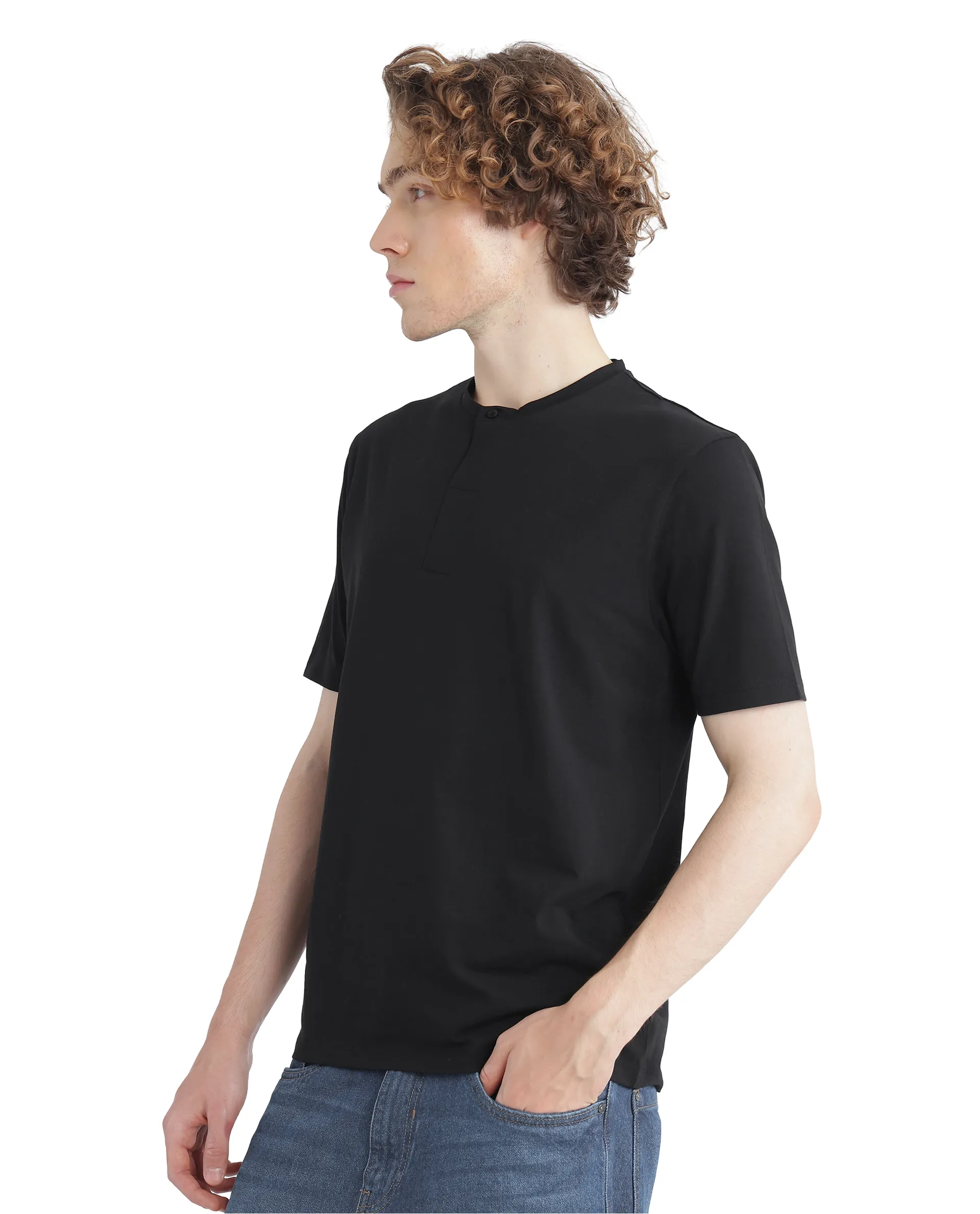 Rare Rabbit Men's Purt Black Cotton Blend Plain Regular Fit Half Sleeve Crew Neck T-Shirt - Image 5