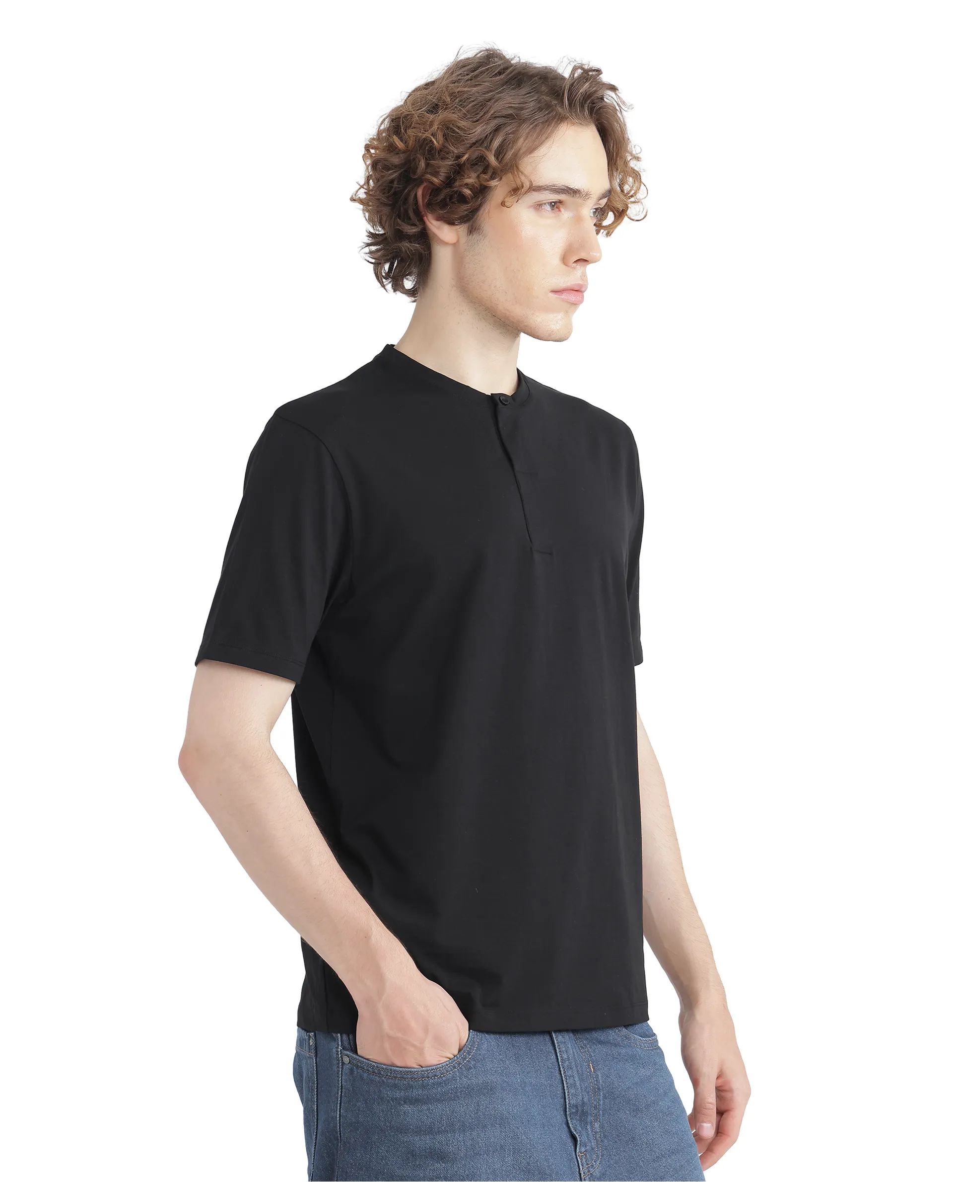 Rare Rabbit Men's Purt Black Cotton Blend Plain Regular Fit Half Sleeve Crew Neck T-Shirt - Image 7