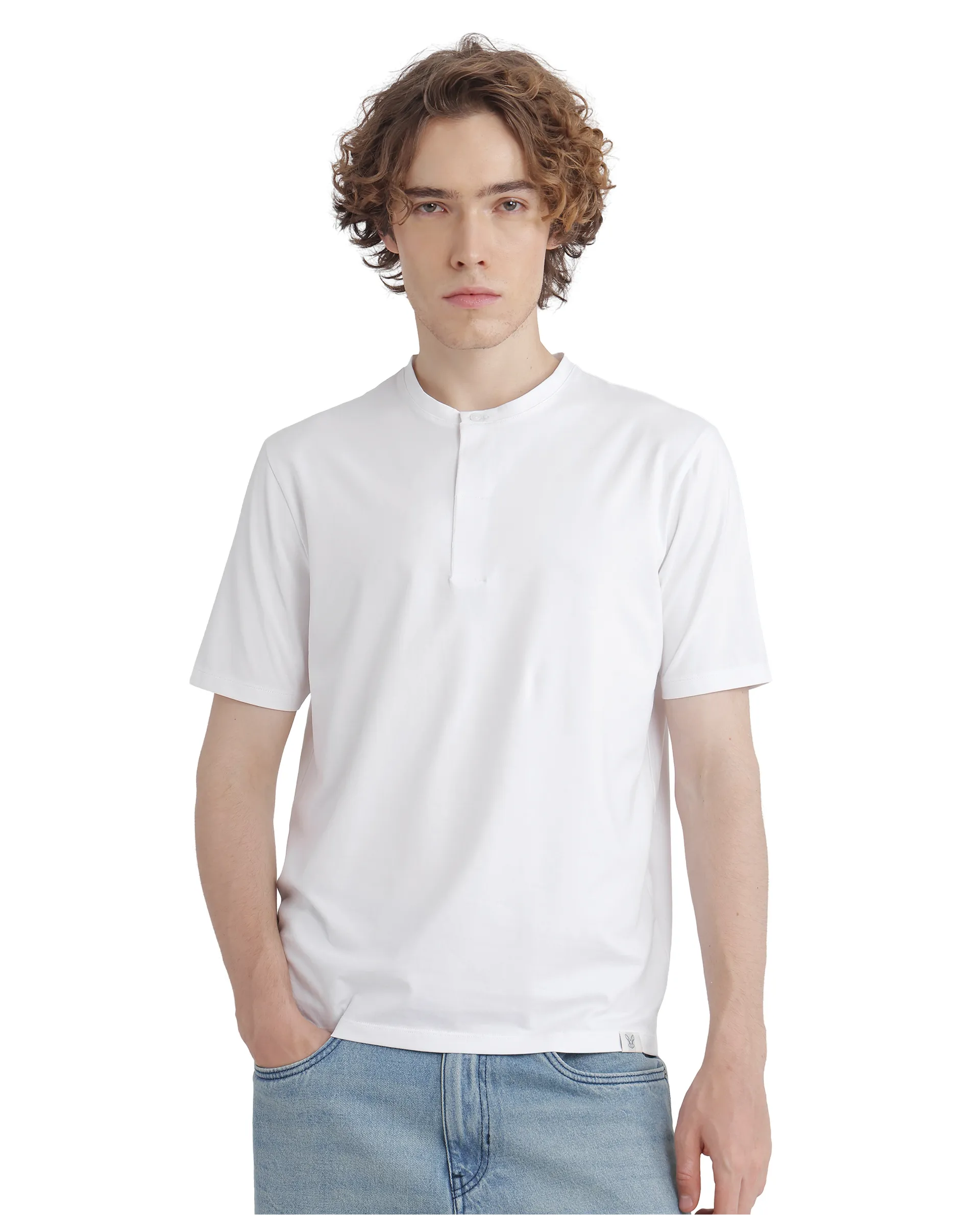 Rare Rabbit Men's Purt White Cotton Blend Plain Regular Fit Half Sleeve Crew Neck T-Shirt - Image 2