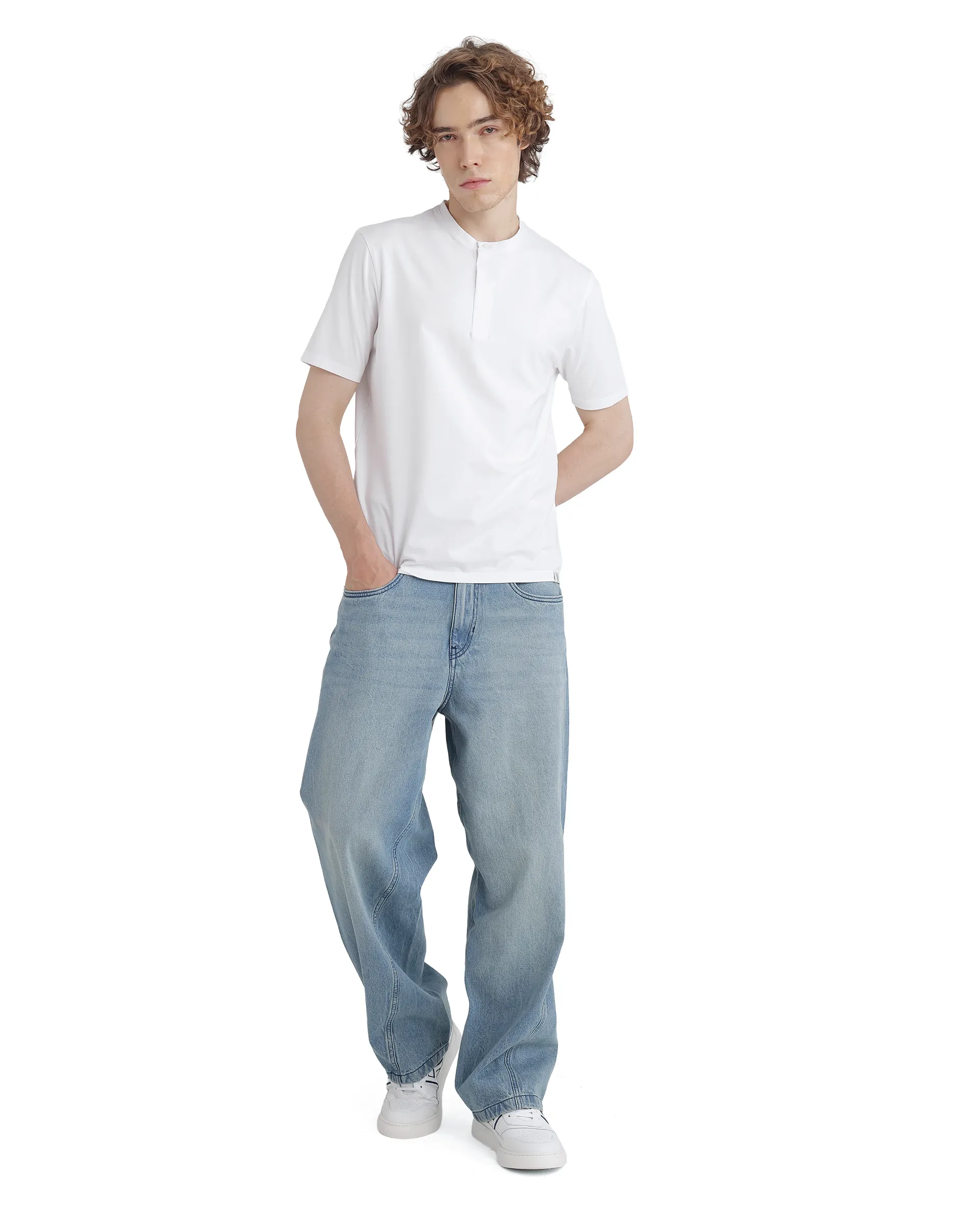 Rare Rabbit Men's Purt White Cotton Blend Plain Regular Fit Half Sleeve Crew Neck T-Shirt - Image 4
