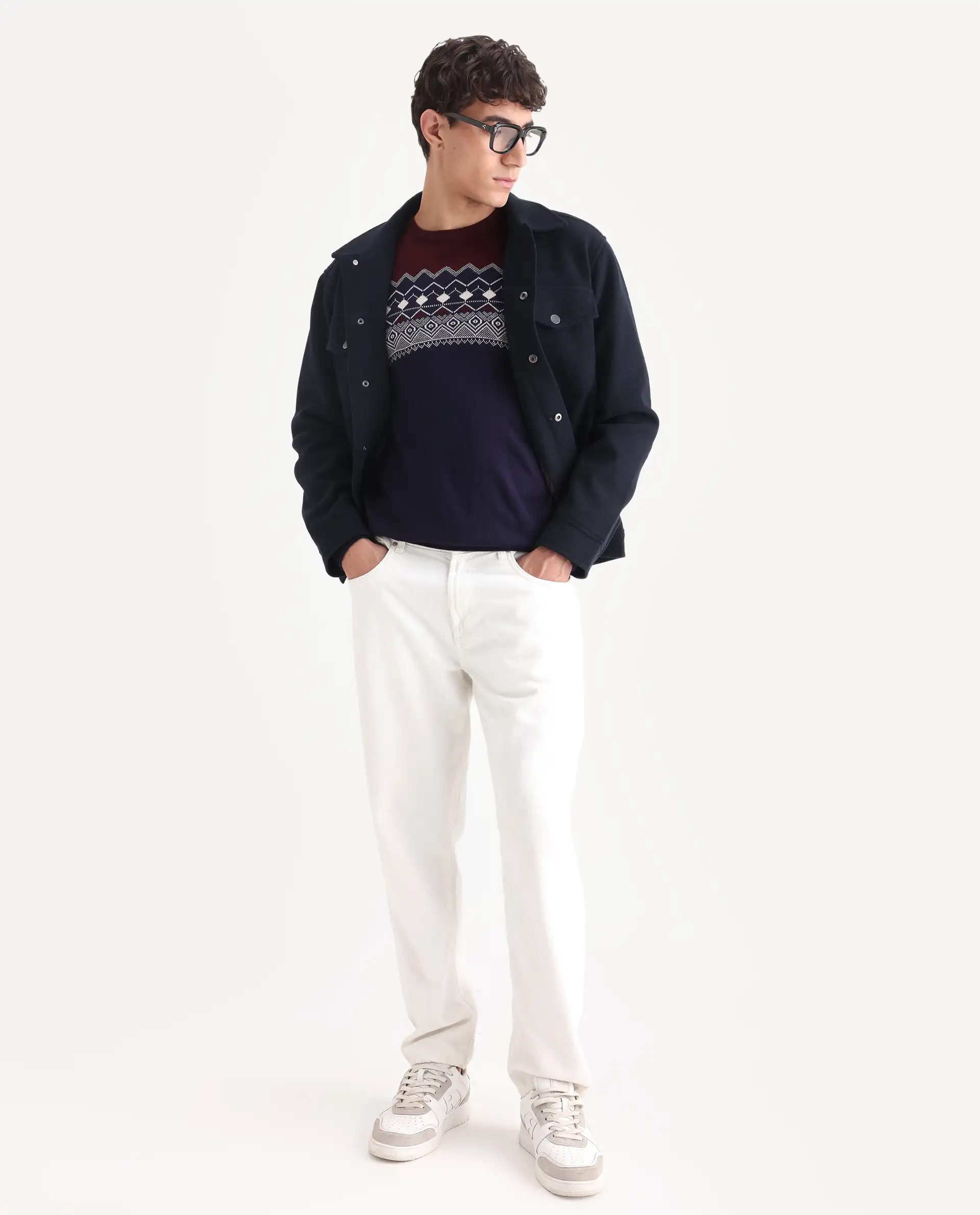 Rare Rabbit Men's Puzzle Blue Acrylic Abstract Print Relaxed Fit Full Sleeve Crew Neck Sweater - Image 2