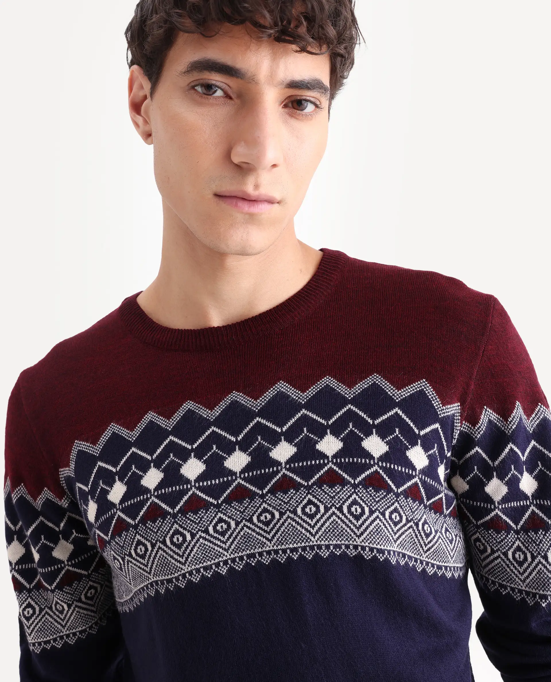Rare Rabbit Men's Puzzle Blue Acrylic Abstract Print Relaxed Fit Full Sleeve Crew Neck Sweater - Image 3