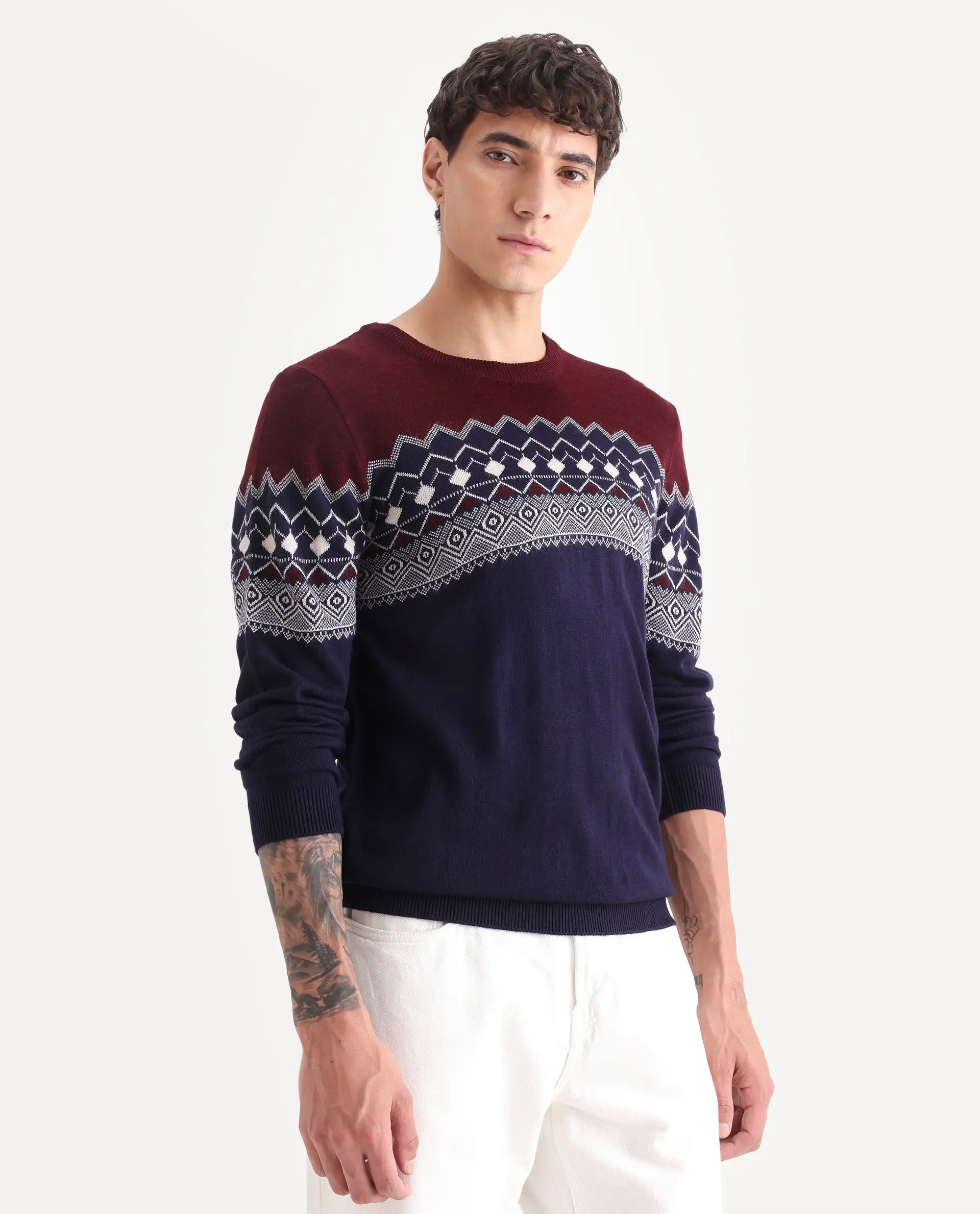 Rare Rabbit Men's Puzzle Blue Acrylic Abstract Print Relaxed Fit Full Sleeve Crew Neck Sweater - Image 4